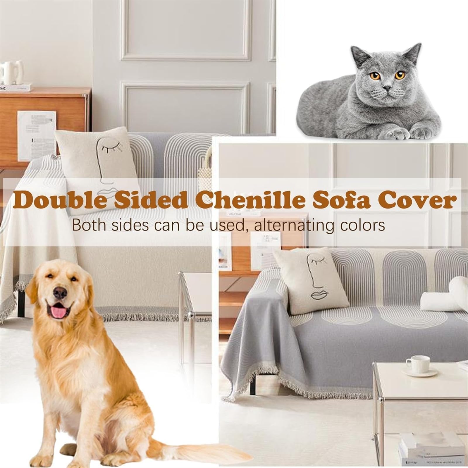 Copridivano In Ciniglia 180x340 Cm - Morbido, Antiscivolo, Grigio Scuro