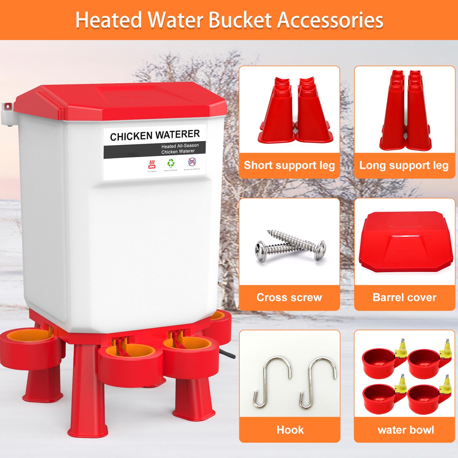 Bebedero de pollo calentado, calentador de agua de plástico para pollo, bebedor de aves de corral con 4 tazas, calentador de agua para aves de corral para pollos, patos, gansos, rojo oscuro, 11 L