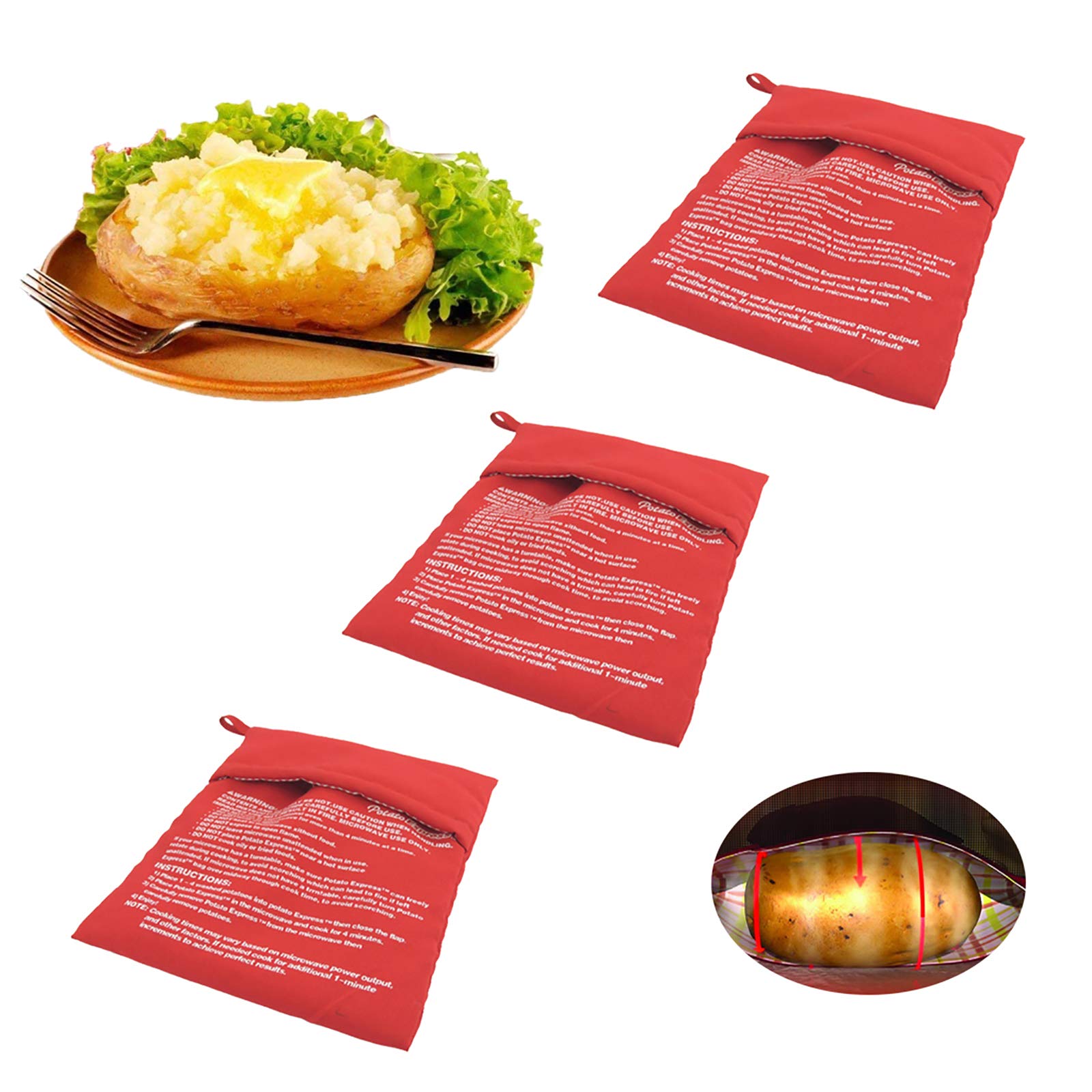 4er Set Mikrowellen Kartoffelbeutel - Wiederverwendbar, Rot, Für Ofenkartoffeln In 4 Minuten