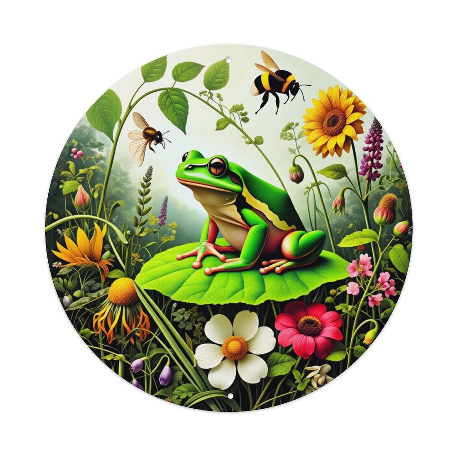 Frog Leaf Flowers Bees Nature Round Tin Sign Vintage Metal Poster, Home Bar Garage Man Cave Cafe Indoor & Outdoor Wall Decoration 8x8Inches
