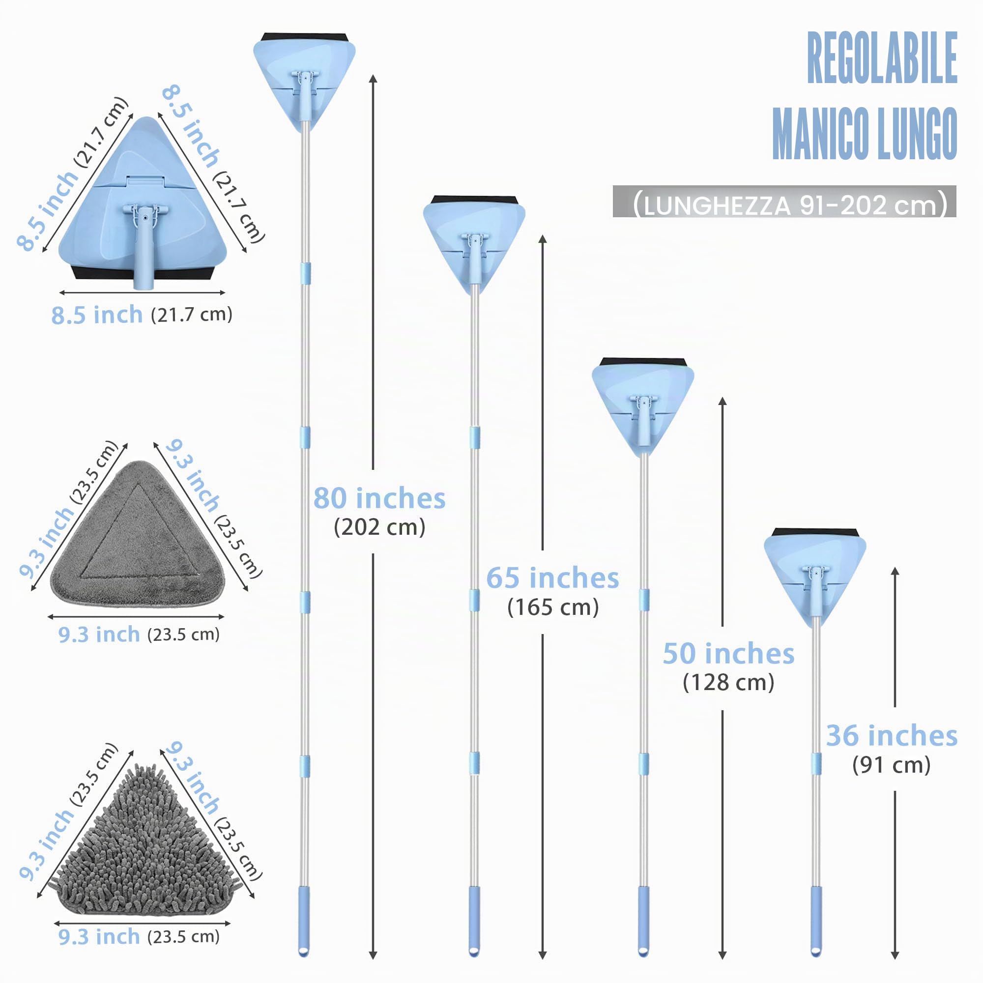 NEWE Mocio Triangolare Allungabile con Manico Lungo 202 cm e Tergivetro, Mop Lavapavimenti Pieghevole a 180° , Pulizia Pavimenti con con 6 Tamponi in Microfibra Ciniglia per Pareti, Finestre, Soffitti