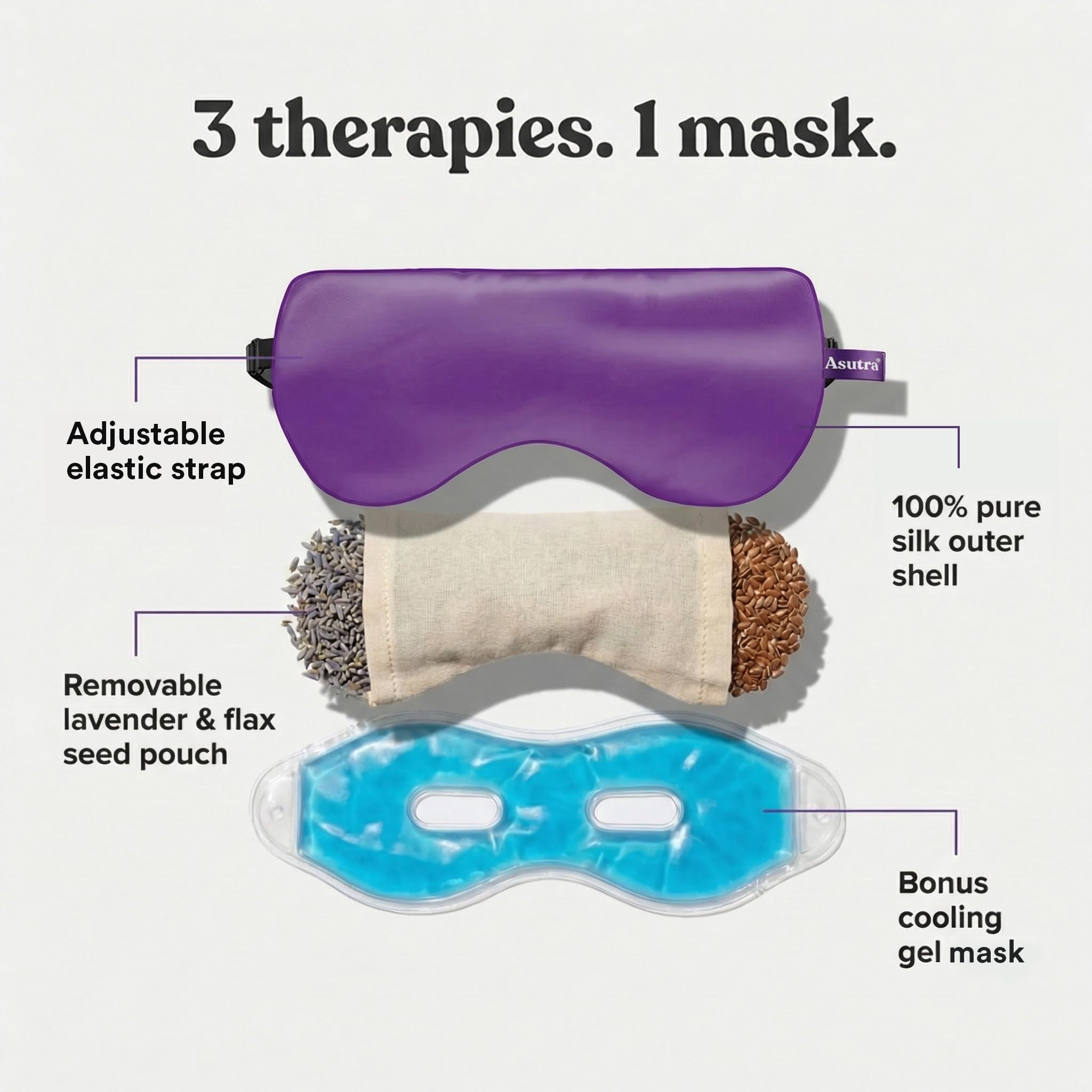 ASUTRA Silk Eye Pillow for Sleep, Purple - Filled w/Lavender Buds & Flax Seeds, Weighted Eye Mask, Meditation & Light Blocking Blindfold, Cooling Gel Mask Included