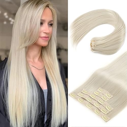 REECHO Clip in Hair Extensions, Hair Extensions Thick Long Lace Weft Lightweight Synthetic Hairpieces for Women (24 Inch-240 Gram(Pack of 5), Platinum Blonde)