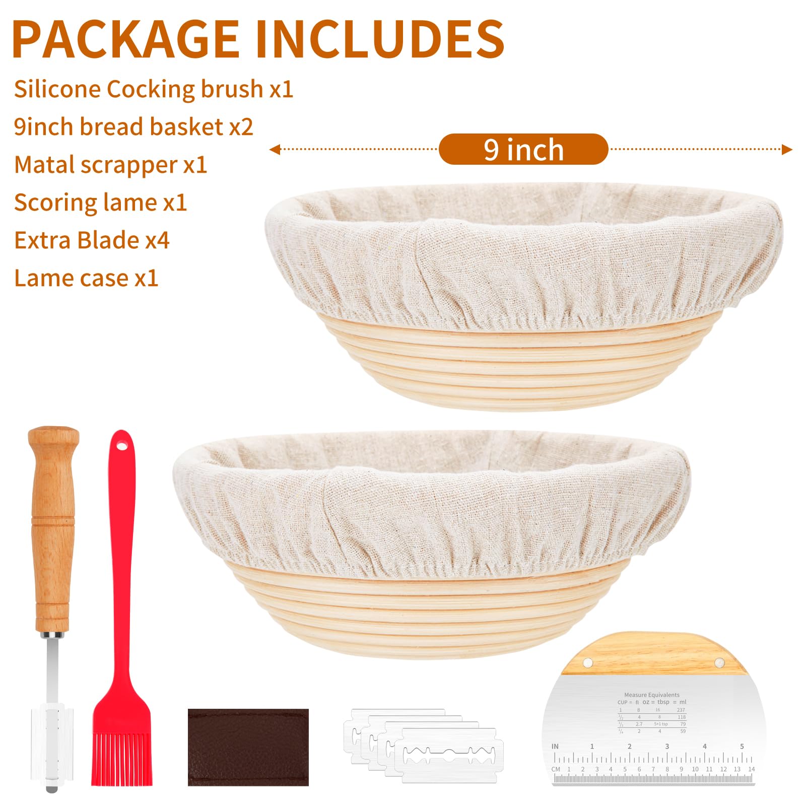 Nuoyunova Sourdough Proofing basket?2 Round 9 Inch Bread Proofing Basket ? Sourdough Starter kit ?Dough Scraper?Bread Lame ? 5 Blades and Case, Brush & 2Covers, Perfect for Bread Basket Gift Set.