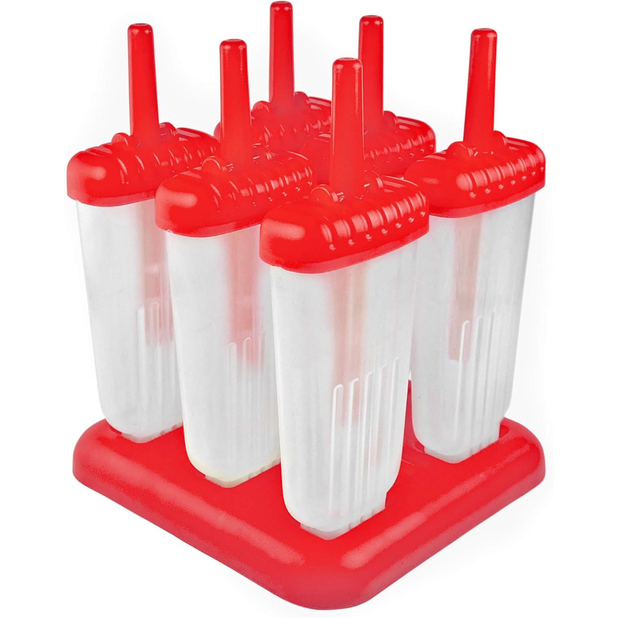 Tovolo Groovy Tropfschutz Griff 113 ml, Set mit 6 Eisformen für Eis am Stiel mit wiederverwendbaren Stäbchen, saubere gefrorene Leckereien, Süßigkeiten-Apfelrot