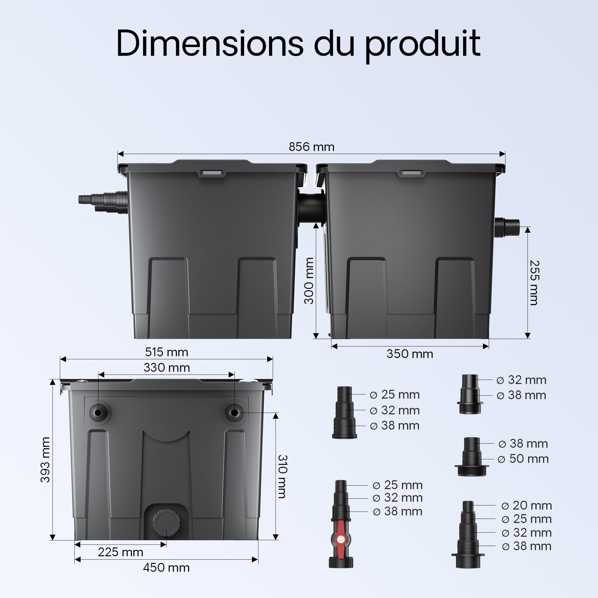 Wiltec Kit complet: CBF-350B Filtre de bassin jusqu'à 60000 L Biologique, NEO10000 SuperECO pompe de filtration 10000l/h 80W, CUV-218 lampe uv UVC Clarificateur avec 18W, 25m Tuyau 25 mm