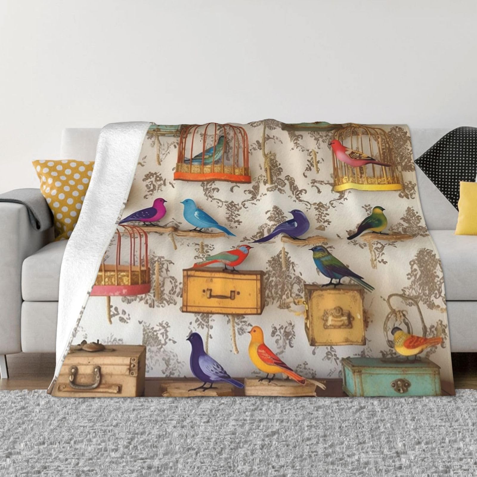 Couverture polaire oiseaux en flanelle douce pour lit et canapé de 127 x 101,6 cm