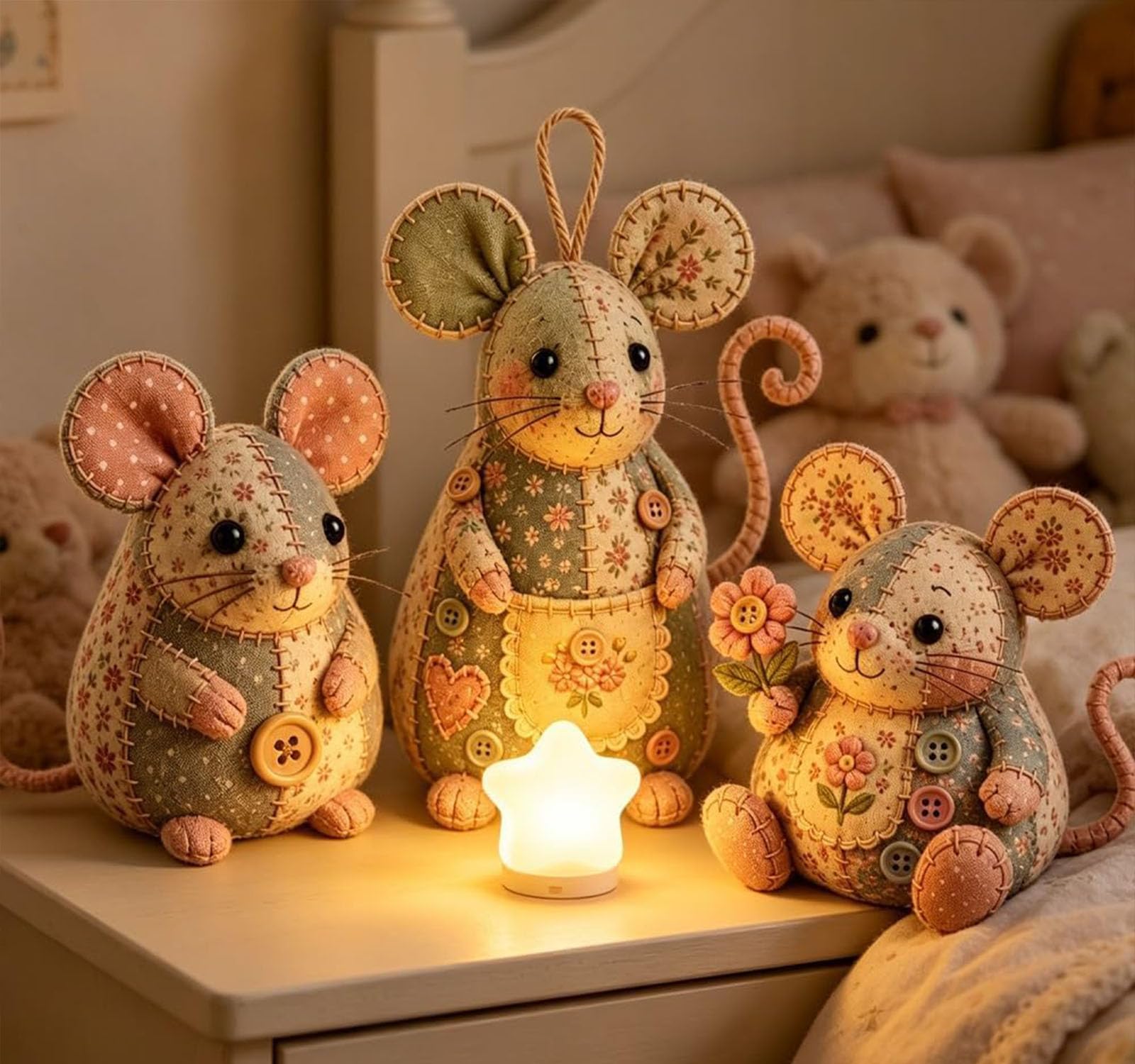 Kit de bricolaje de ratón de patchwork, lindo kit de bricolaje de adorno de ratón, con tela floral, relleno, botones, juego de manualidades de costura hecho a mano, para adultos, principiantes (3SET)