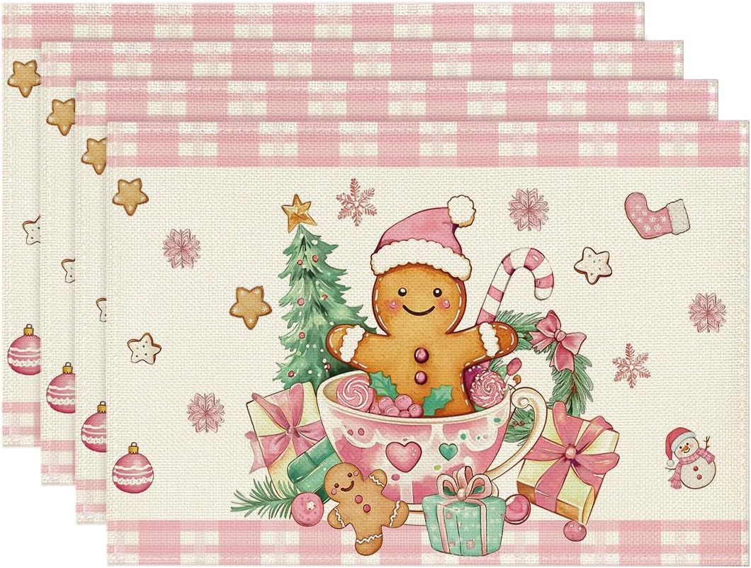 Artoid Mode Pink Gingerbread Gifts Merry Christmas Placemats Set of 4, 12x18 Inch Seasonal Winter Holiday Table Mats for Party Kitchen Dining Decoration