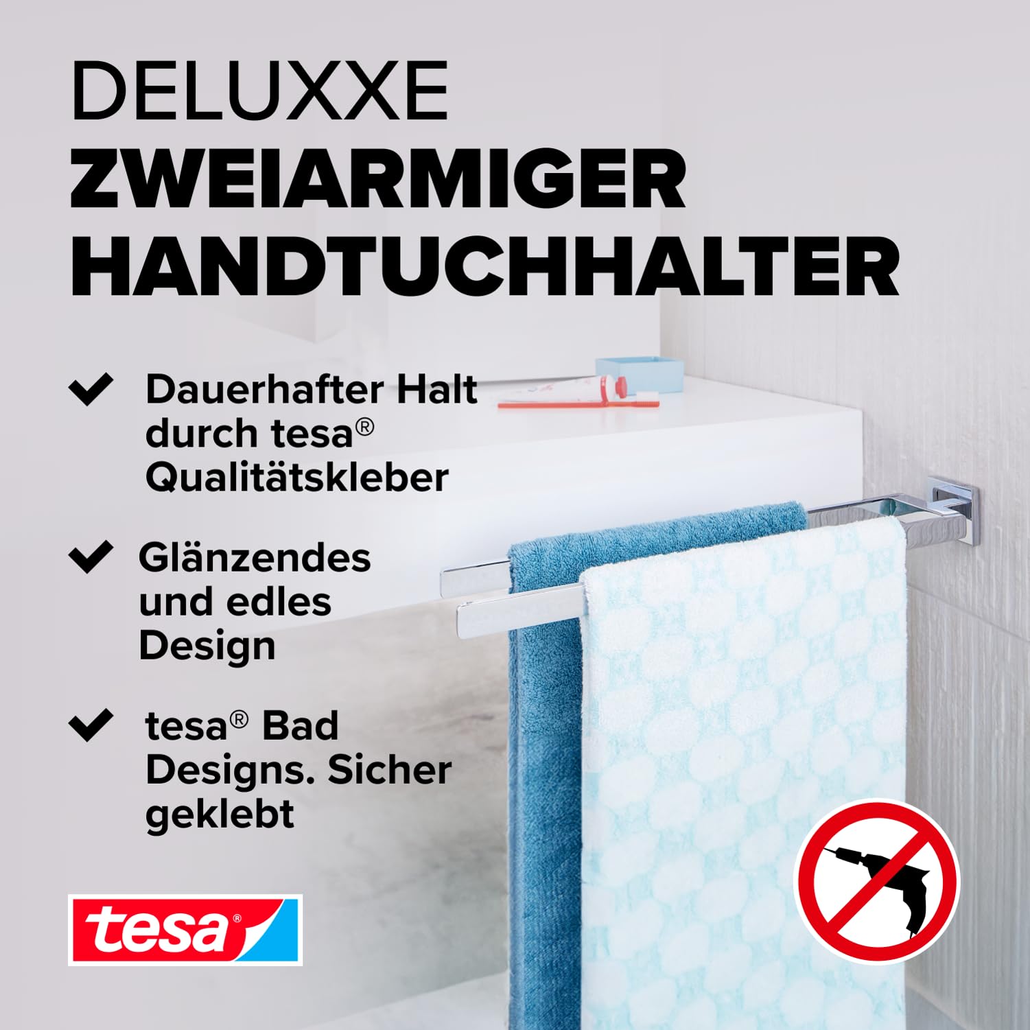 Tesa DELUXXE bathroom towel holder, 2-armed, chrome-plated - rust-proof, for wall mounting without drilling, including adhesive solution - 450 mm x 72 mm x 50 mm