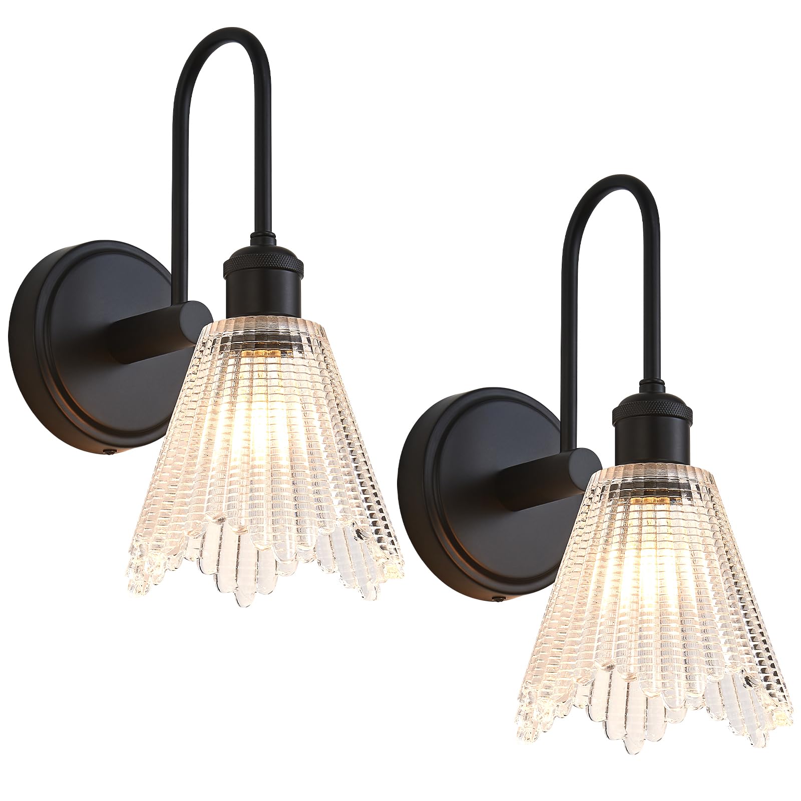 Wandleuchte Set 2-tlg, Schwarz Vintage Wandlampe mit Langem Klaren Glasschirm, Festverkabelte Wandleuchten für Schlafzimmer, Badezimmer, Wohnzimmer | Inkl. 2 LED Birnen