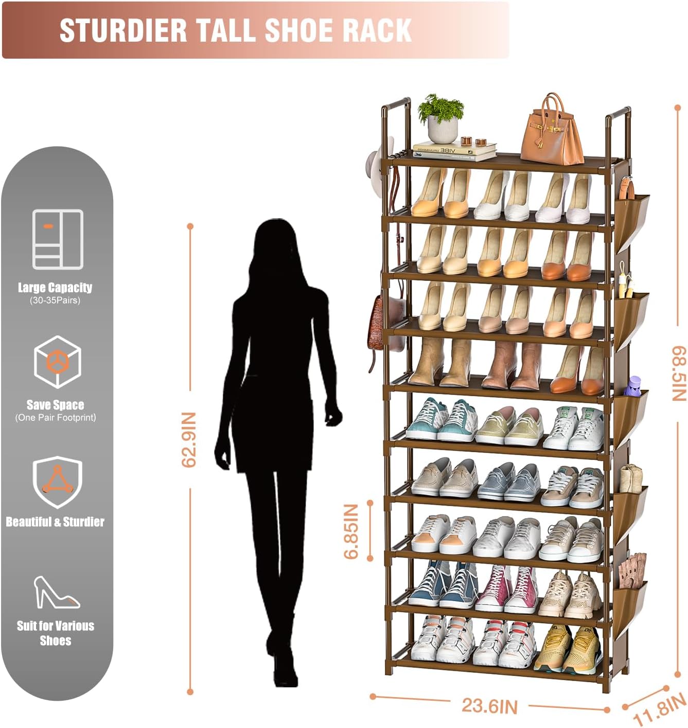 LUKYTOWER Tall Shoe Rack - 10 Tier Organizer for Closet, 30-35 Pairs, Large Capacity with 5 Hooks and Side Pocket, Sturdy Metal Shoe Shelf, Vertical Shoe Stand Tower