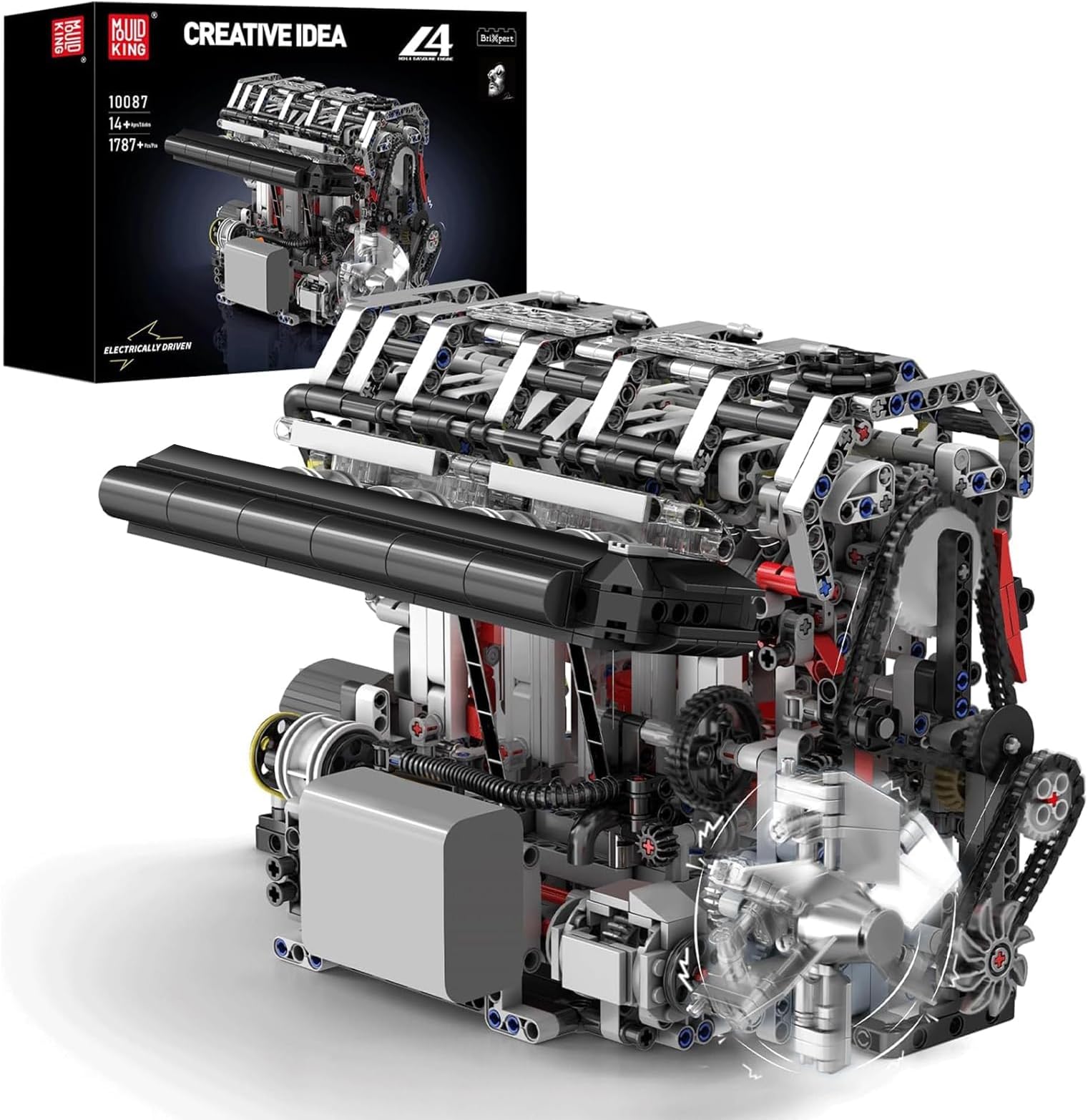 Mould King 10087 MOC Technique (L4) The Four Cylinder Series Gasoline Engine Building Block Kit, Technology Clamp Blocks Kit Contains Engine and Battery Box V4 Engine (1787 PCS+)