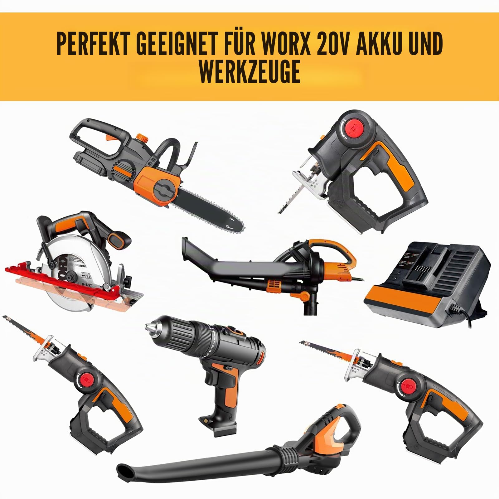 2X 8000mAh/8.0Ah Ersatz für Worx Akku 20V 8,0 Ah WA3553 WX166.4 WA3572 WX390 WU268 WX372.1 WX800 WG259E WA3760 für Worx-Akku-Elektrowerkzeuge (orange)