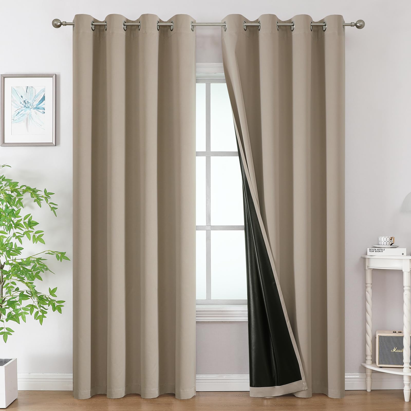 Estelar Textiler Khaki 100% Blackout Curtains 96 Inches Long 2 Panels for Living Room, Thermal Insulated Energy Saving Grommet Curtains for Bedroom,