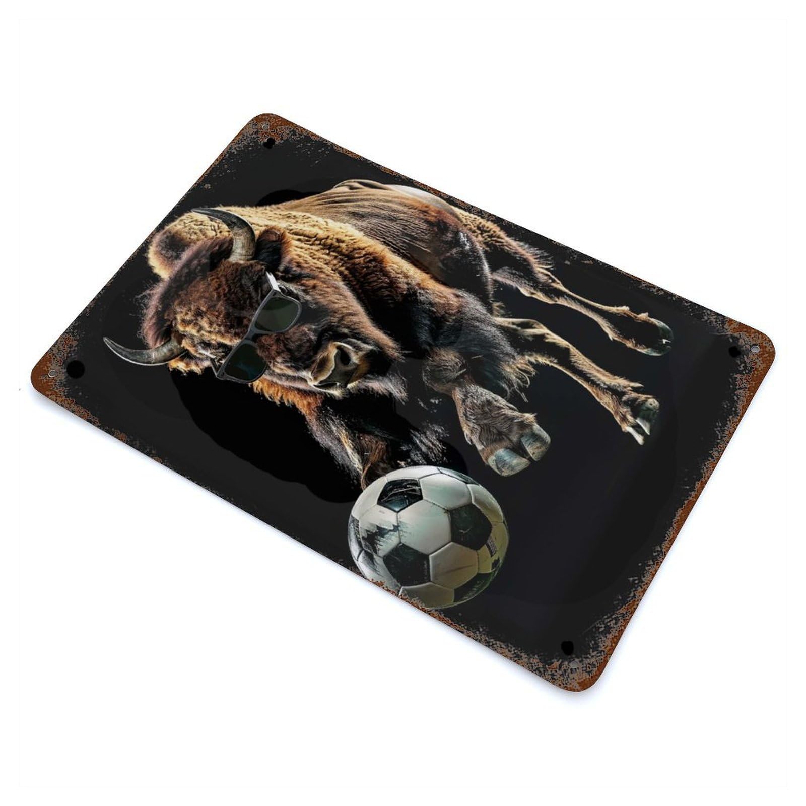 Bison with Soccer Ball Vintage Wall Sign 11.8"x7.9", Rust Effect Metal Decor for Office, Studio And Wall Decor