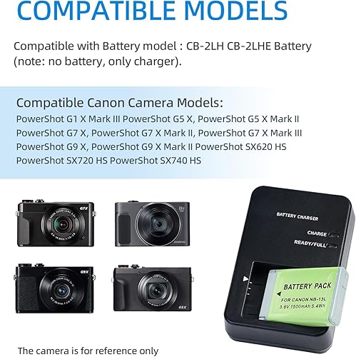 Miniatura 2 de CB-2LH NB-13L Cargador de batería compatible con Canon PowerShot G7 X Mark II, G5 X, G7 X, G9 X, G9 X Mark II, SX620 HS, SX720 HS, SX730 HS Cámara
