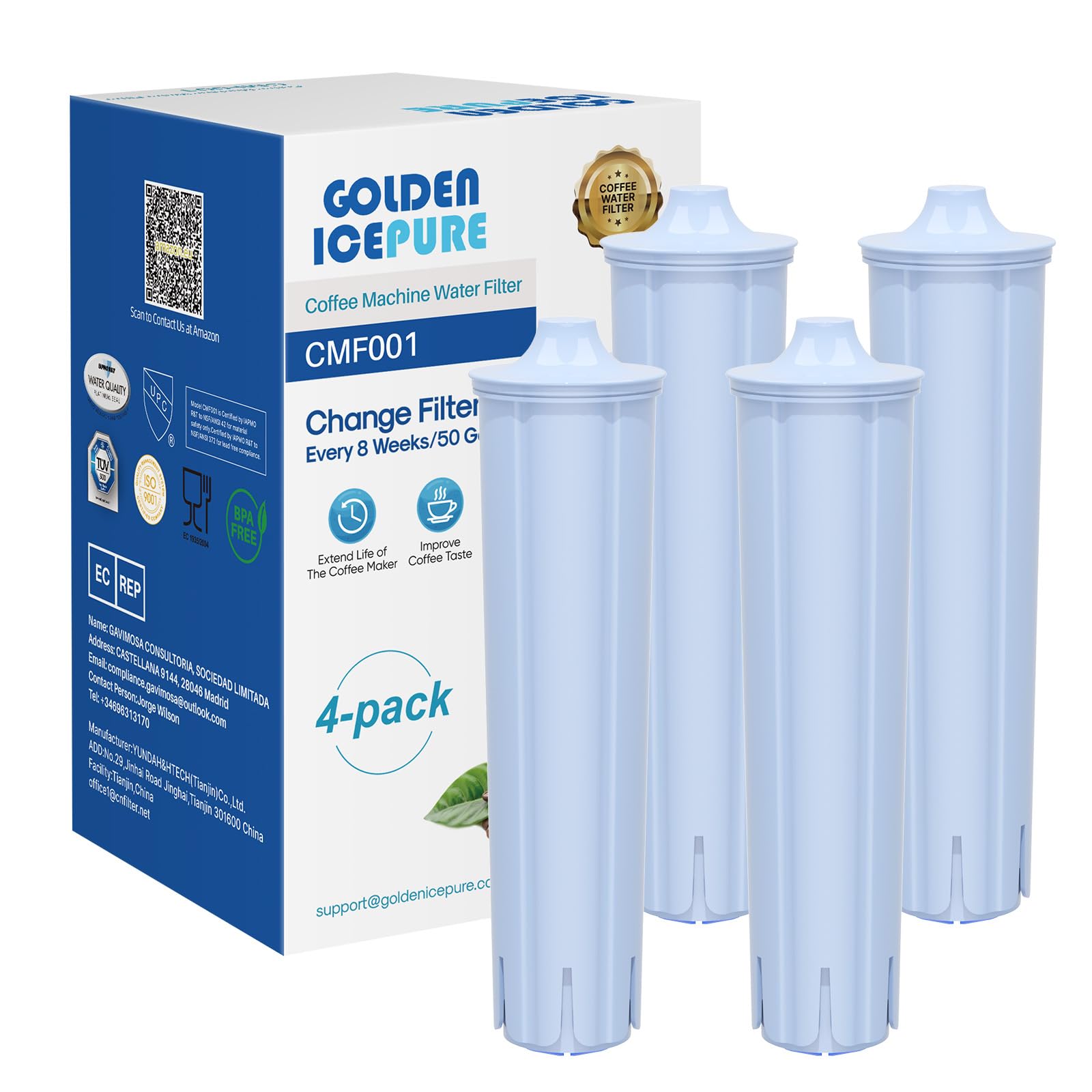 GOLDEN ICEPURE Kaffeemaschinen-Wasserfilter-Ersatz für Blue Filterpatrone, kompatibel mit ENA®, TÜV SÜD NSF Zertifizierte,Packung mit 4