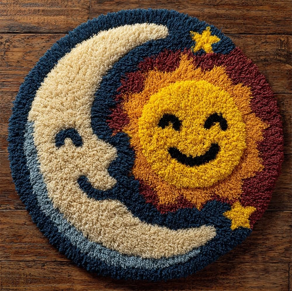 kitphoenix Latch Hook Kits Smiling Star and Moon 20X20Inch (50X50Cm) DIY Latch Hook Flower Rug Kit, Home Carpet Rug Making Kit Cross Stitch Embroidery Kits Needlework Crafts Rug for Home Decor