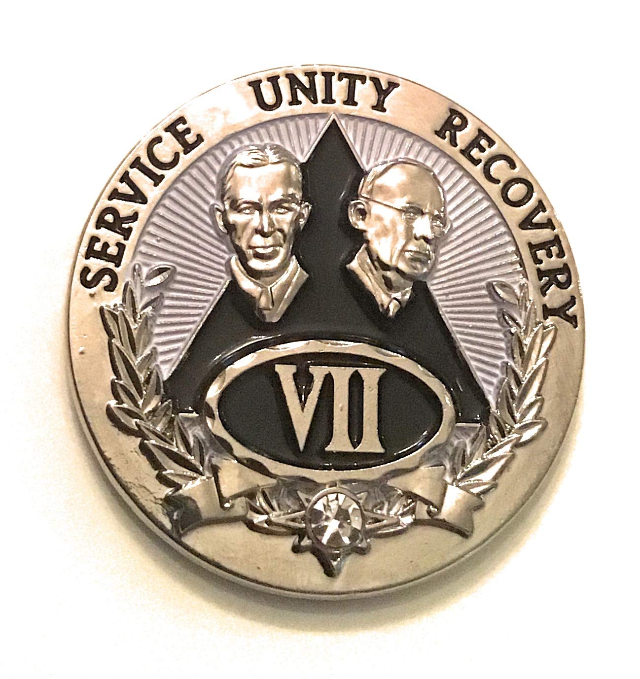7 Year AA Medallion - Alcoholics Anonymous Silver and Black with Bill & Bob - Sobriety Chip, Token, Coin