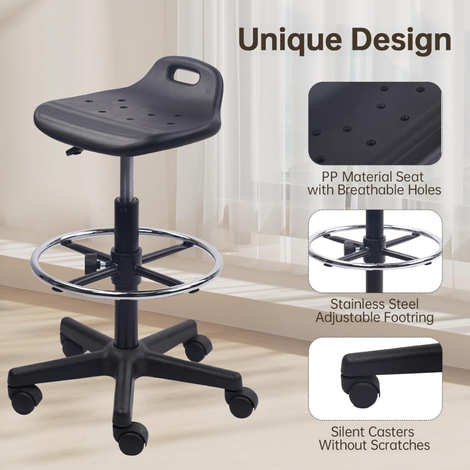 Round Rolling Drafting Stool with Foot Rest, Height Adjustable Swivel Multi-Purpose Office Desk Chair with Breathable Seat Cushion Stools for Home Bar Kitchen Salon Spa Medical, Black 1PK