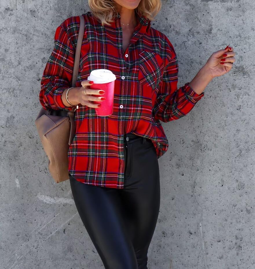 Image of Lacozy Womens Buffalo Plaid Flannel Shirt Long Sleeve Collar Button Down Blouses Tops