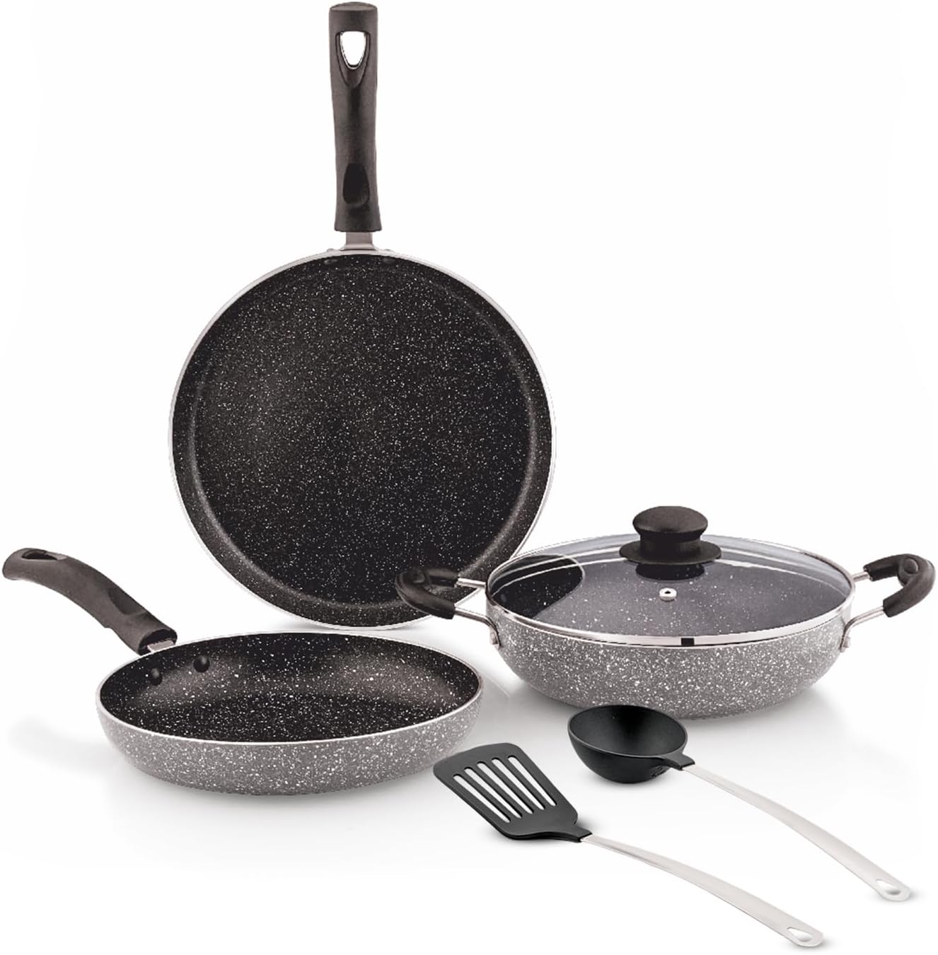 6 Piece Non-Stick Cookware Set | Granite Finish | Induction Base | PFOA Free | HTR Exterior Coating | 25cm Tawa, 22 cm Kadai, 22cm Fry Pan, 1 Glass Lid & 2 Nylon Spatulas | Grey