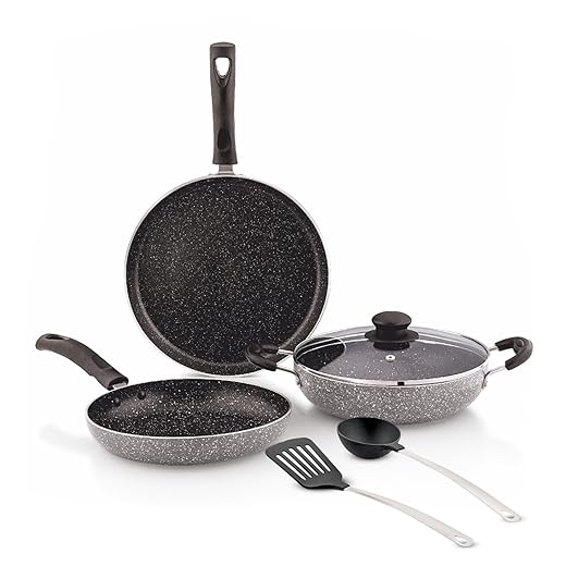 Amazon Brand - Solimo 6 Piece Non-Stick Cookware Set | Granite Finish | Induction Base | PFOA Free | HTR Exterior Coating | 25cm Tawa, 22 cm Kadai, 22cm Fry Pan, 1 Glass Lid & 2 Nylon Spatulas | Grey