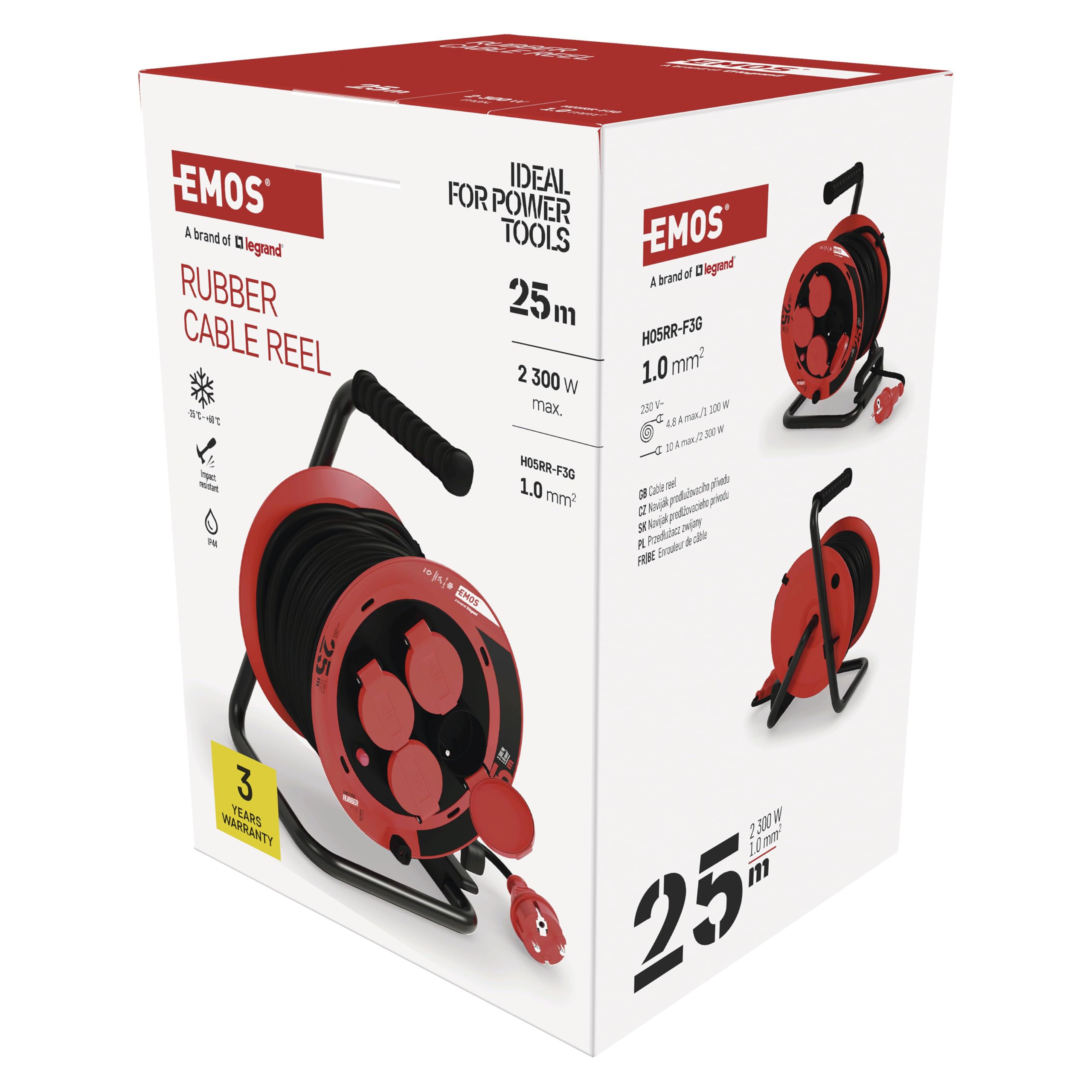 EMOS - Enrouleur de câble 25m - 4 prises avec protection accrue contre les contacts accidentels - étanche & résistant au froid, antichoc - 230V, 10A, 2300W - isolation en gomme, 1,0 mm2, IP44