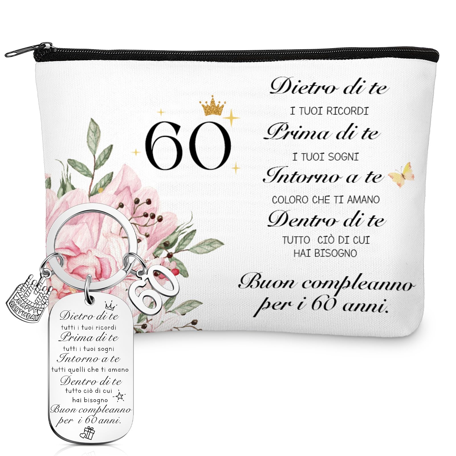 Xuniea Regalo per il 60° Compleanno per le Donne 60° Borsa per Cosmetici da Donna e un Portachiavi Idea Regalo per il Compleanno di Donne, Mogli, Madri, Nonne, Amiche(Number 60)