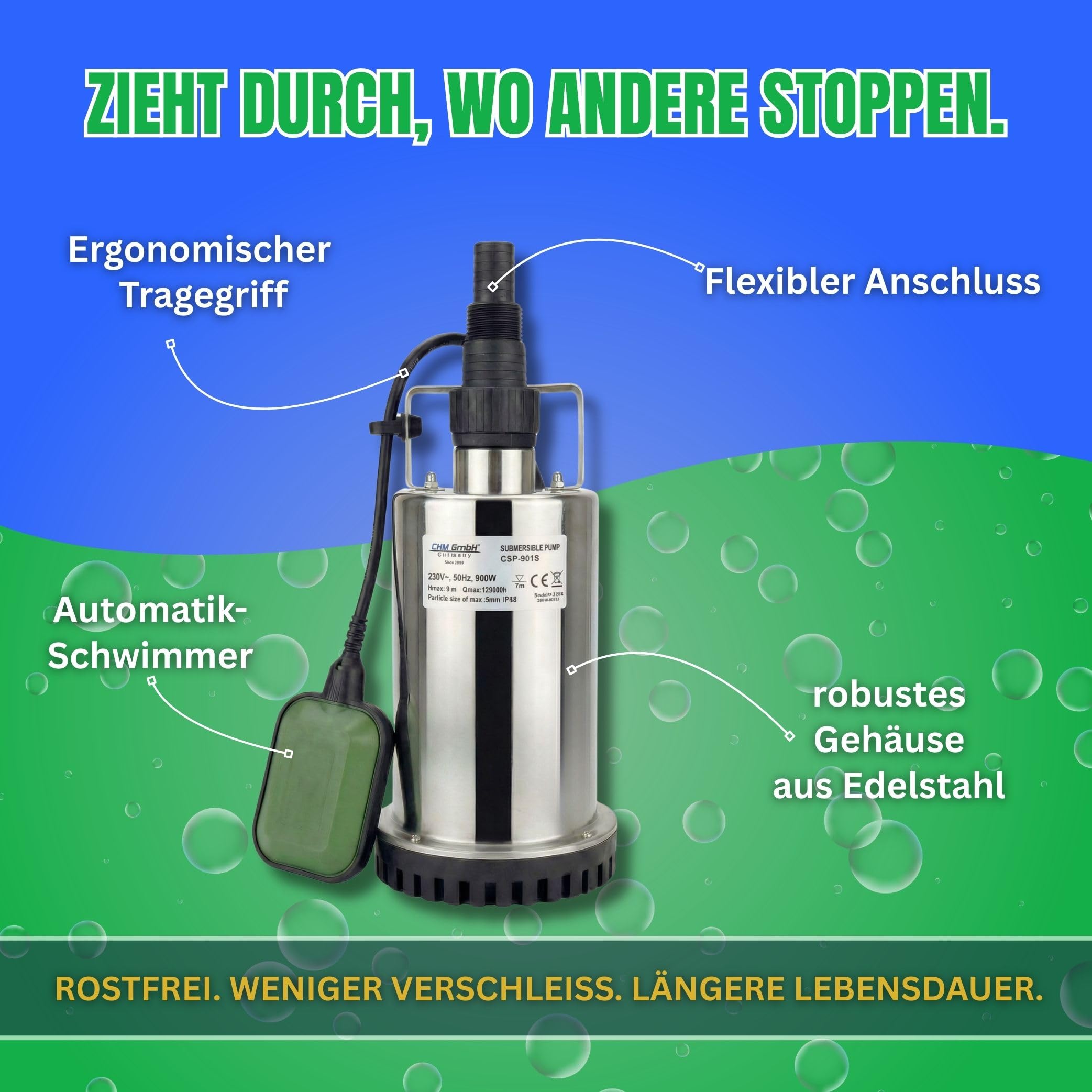Flachsaugende Edelstahl Tauchpumpe 900 Watt Schmutzwasser geeignet Fördermenge und Hubhöhe 12500l/h 9 Meter mit Schwimmschalter und Dauerbertieb funktion