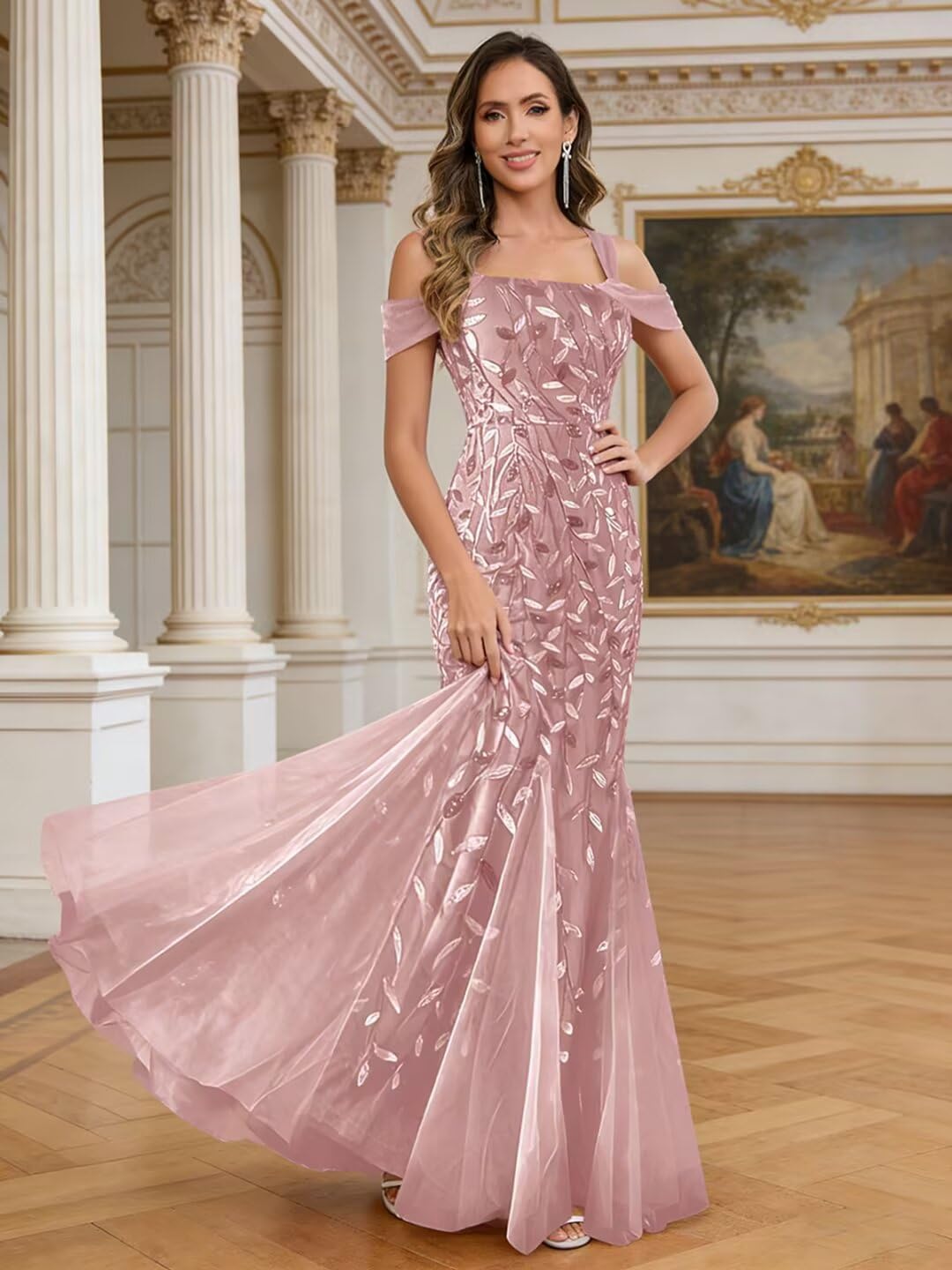 Mermaid Mother of Bride Dresses for Women Long Off The Shoulder Sequin Evening Formal Dress
