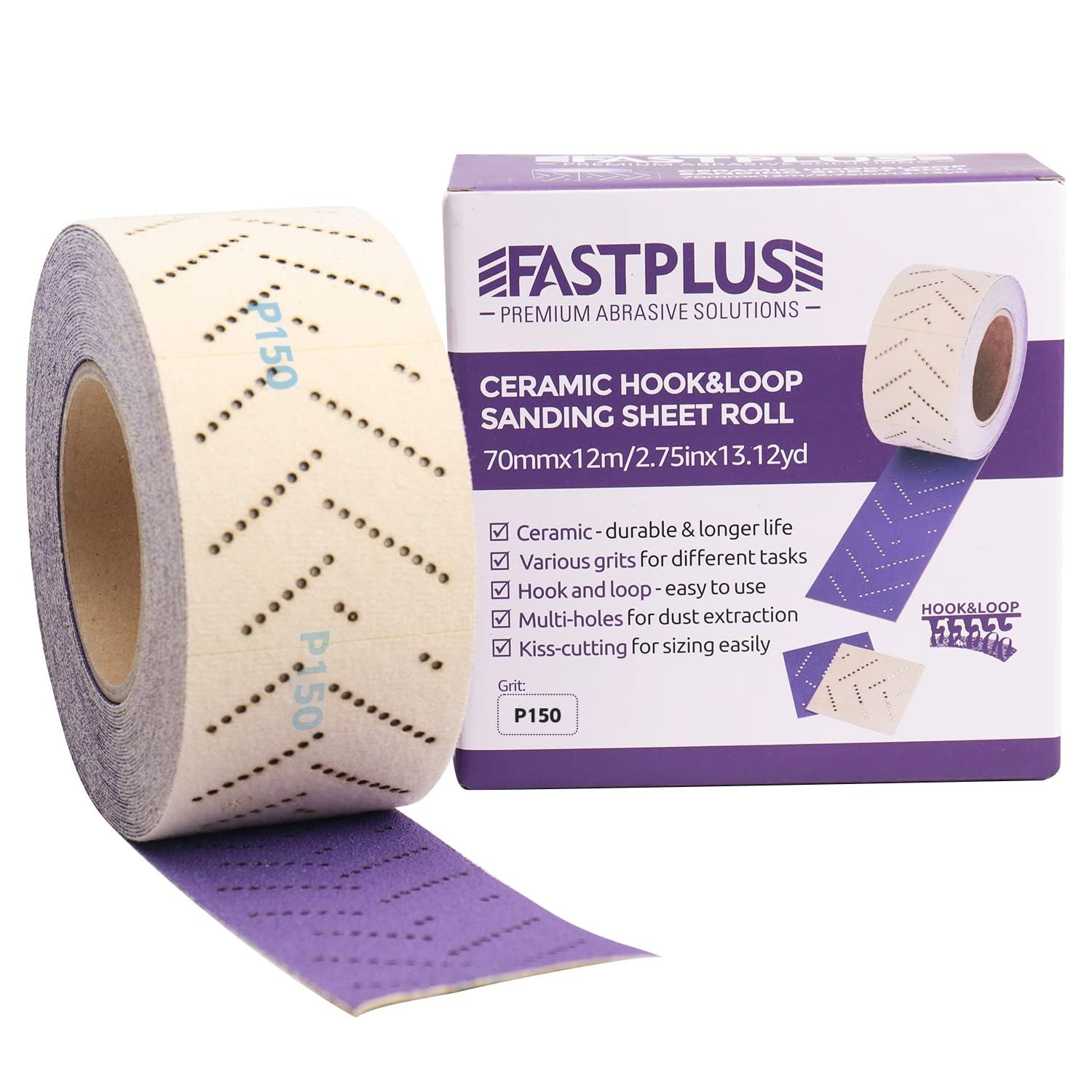 Schleifpapierrolle, Keramik, Violett, 70 mm x 12 m, Schleifrolle, für Autos, mehrere Löcher, zum Entfernen von Beschichtungen, Schleifen von Autos, Körnung 150