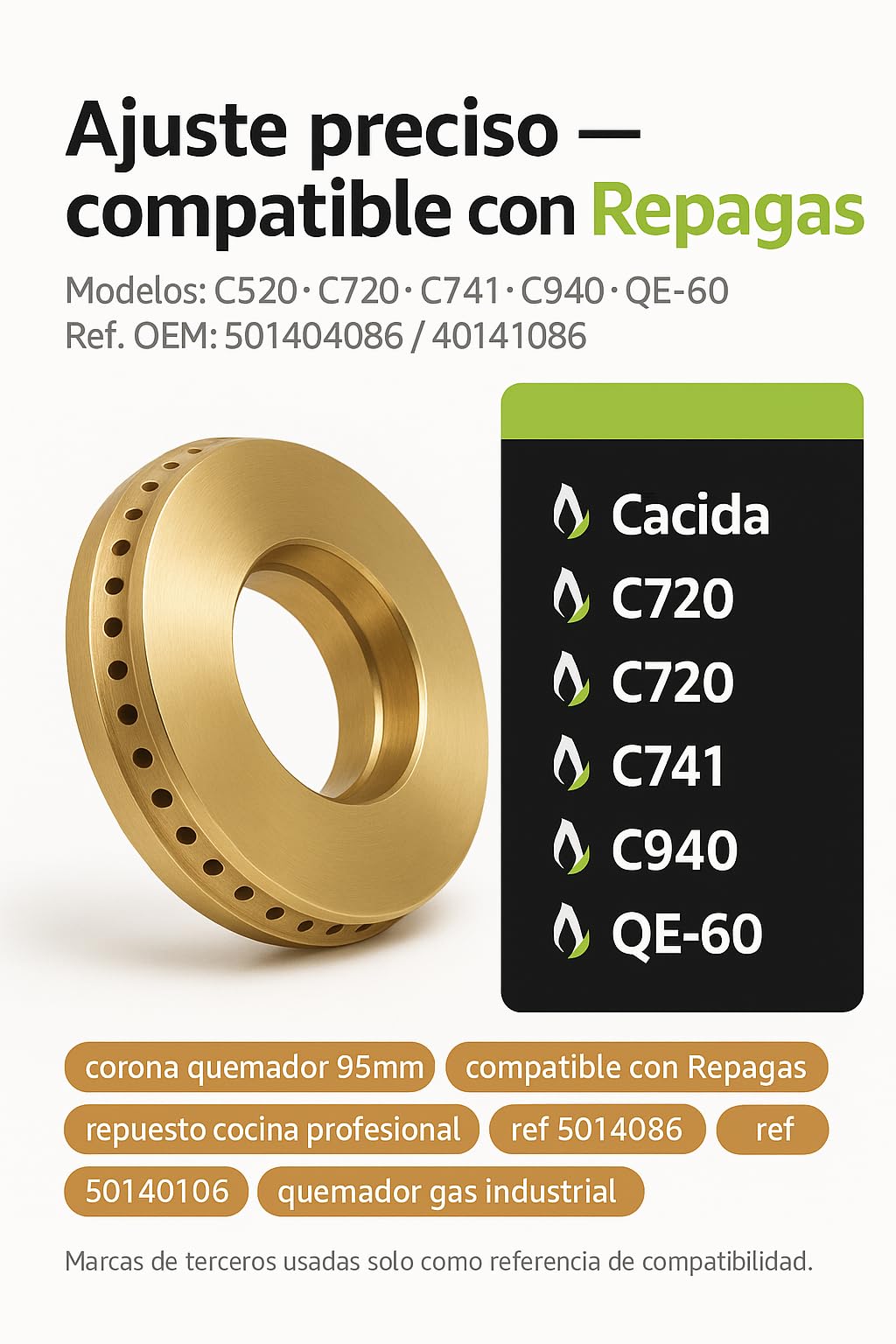 Corona Quemador Latón Alta Precisión Ø95mm Compatibilidad con Repagas C520 C720 C741 C940 QE60 Pieza Repuesto Cocina Profesional Hostelería Llama Estable Duradera