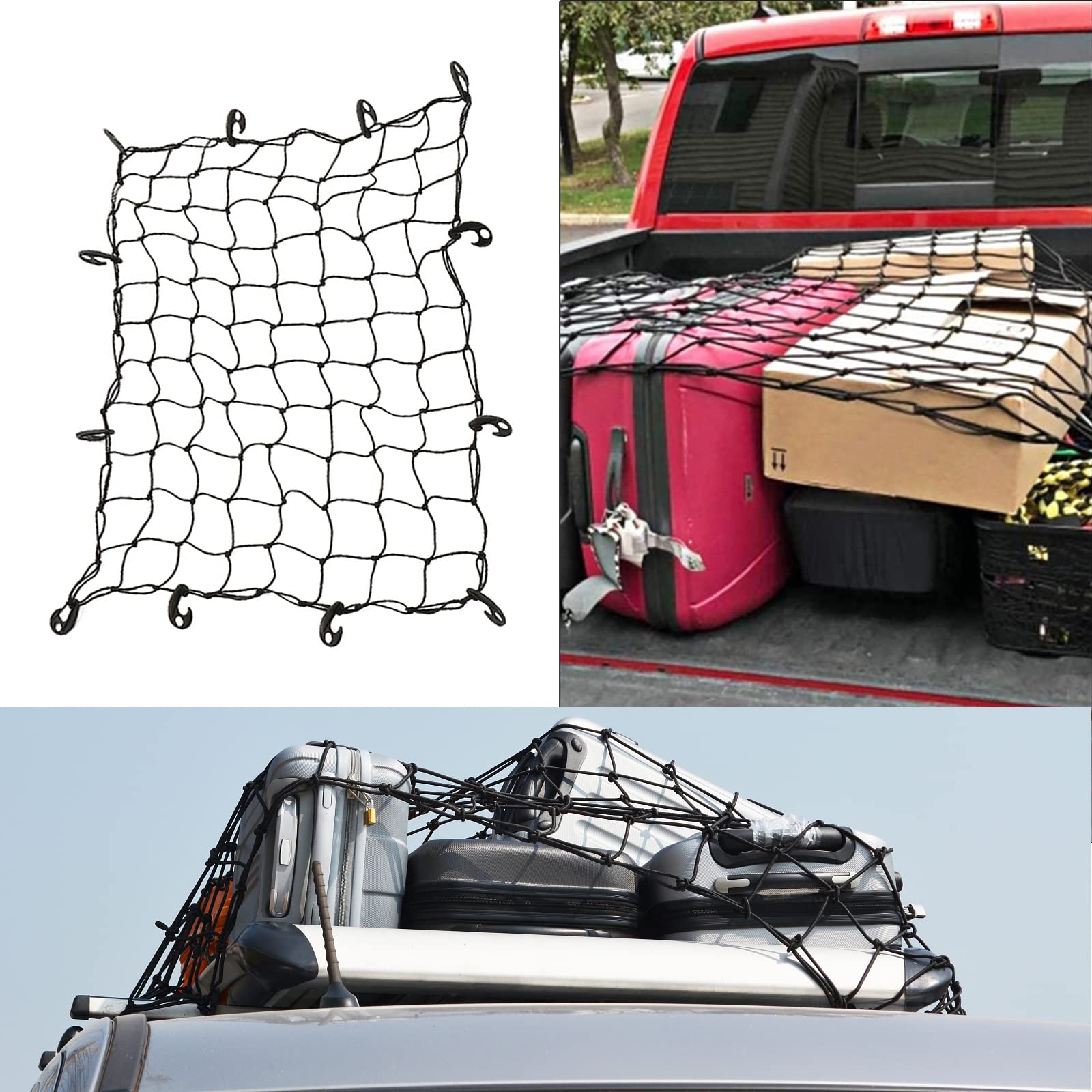 Siatka bagażowa SUV z 12 hakami ABS, elastyczna siatka 90 x 120 cm, rozciągnięta do 225 x 300 cm, uniwersalna siatka na dach o dużej pojemności, do bagażnika, bagażnika, elastyczności, bagażnika dachowego