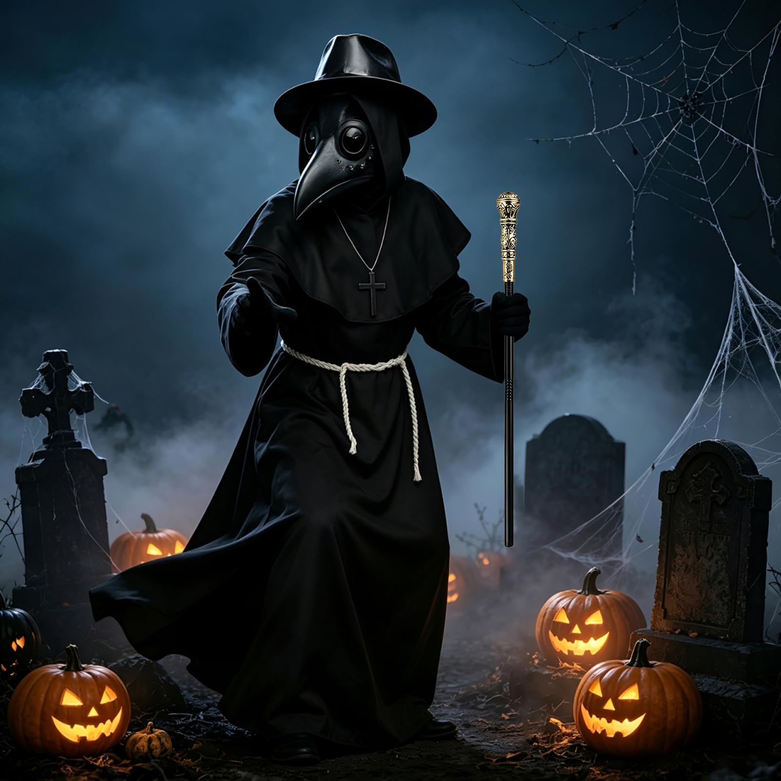 Pestdoktor Kostüm Herren, Plague Doctor Costume Erwachsene mit Maske, Zepter, Hut, Handschuhe, Halskette und Gürtel, Halloween Kostüm Herren, Pestarzt Kostüm für Halloween Karneval Cosplay