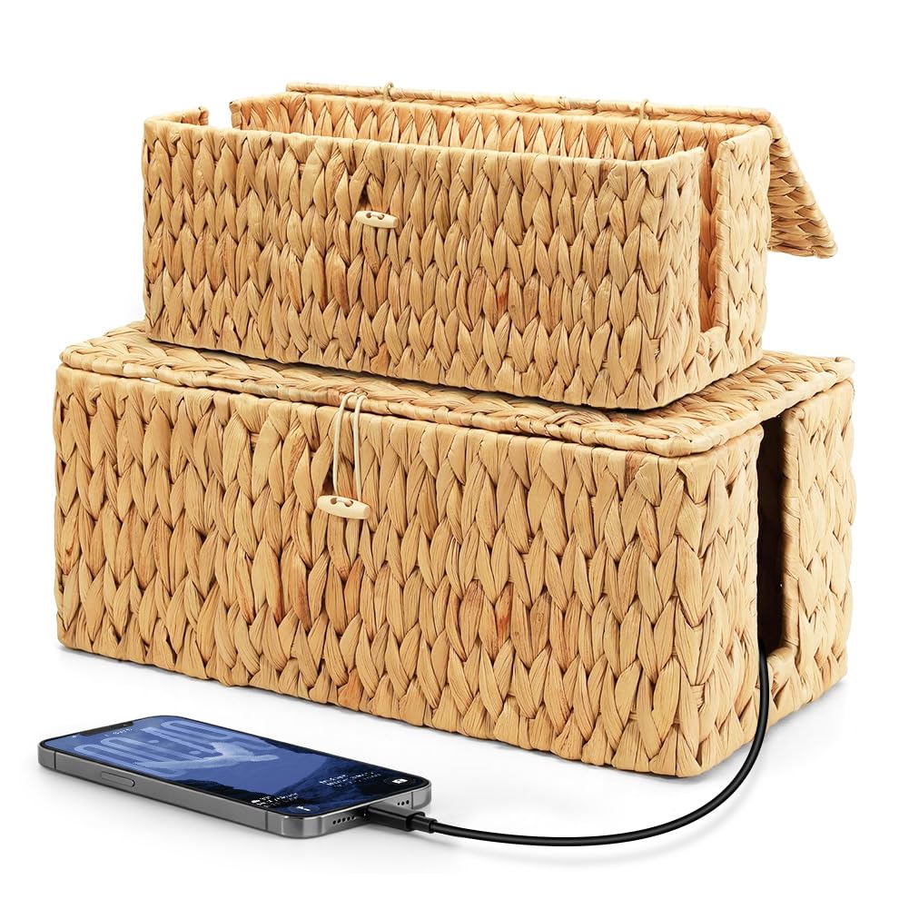 CEWROM 2 Stück Handgefertigte Wasserhyazinthe Kabelbox, Kabelbox mit Steckdosenleiste mit Abdeckung, Kabelaufbewahrung mit Seitlicher Öffnung, Kabelmanagementbox für Büro, Zuhause