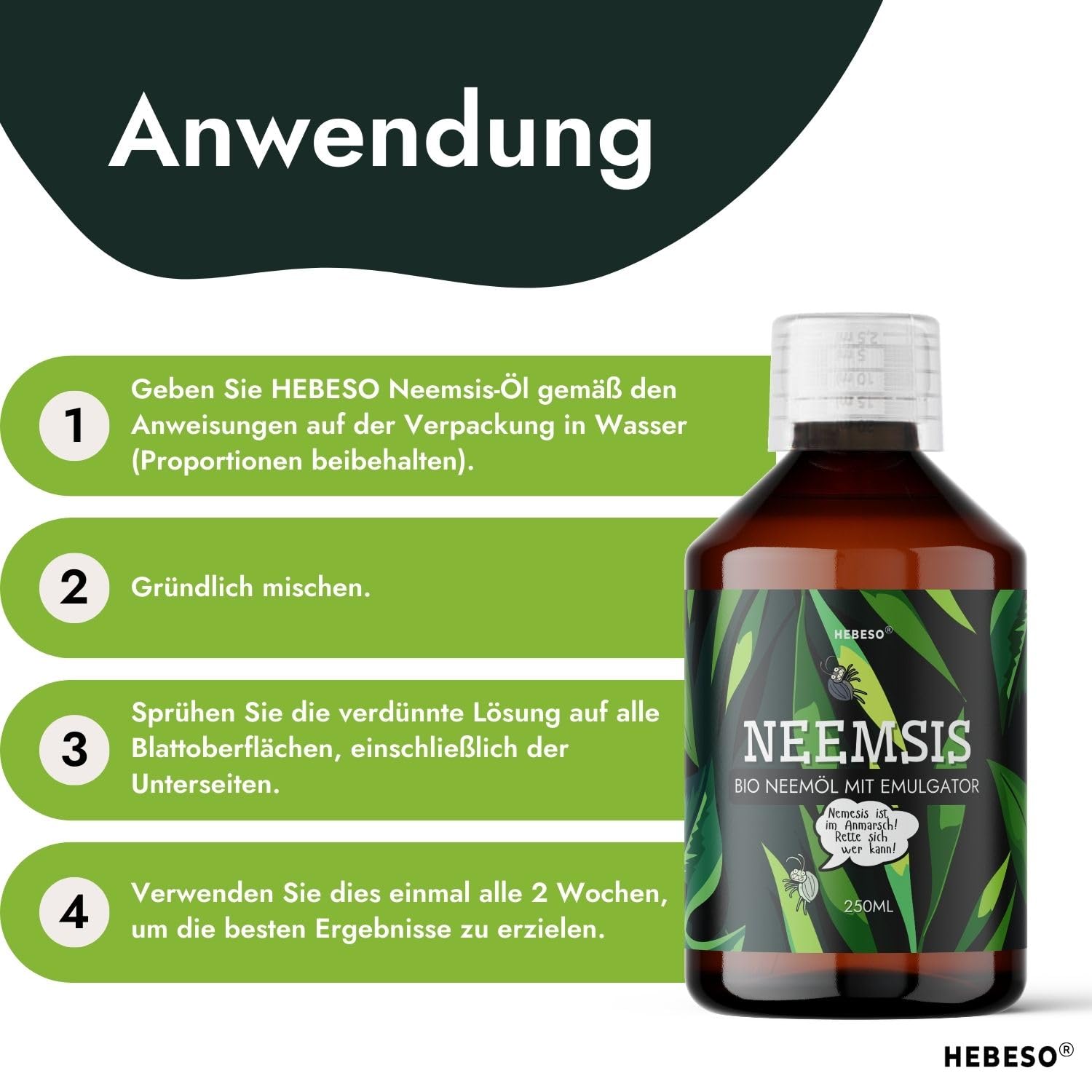 HEBESO® NEEMSIS Organiches Neemöl mit natürlichem Emulgator - Gebrauchsfertig - Kaltgepresst. 100% natürlich. Sicher für die Umwelt. (2x250ml)