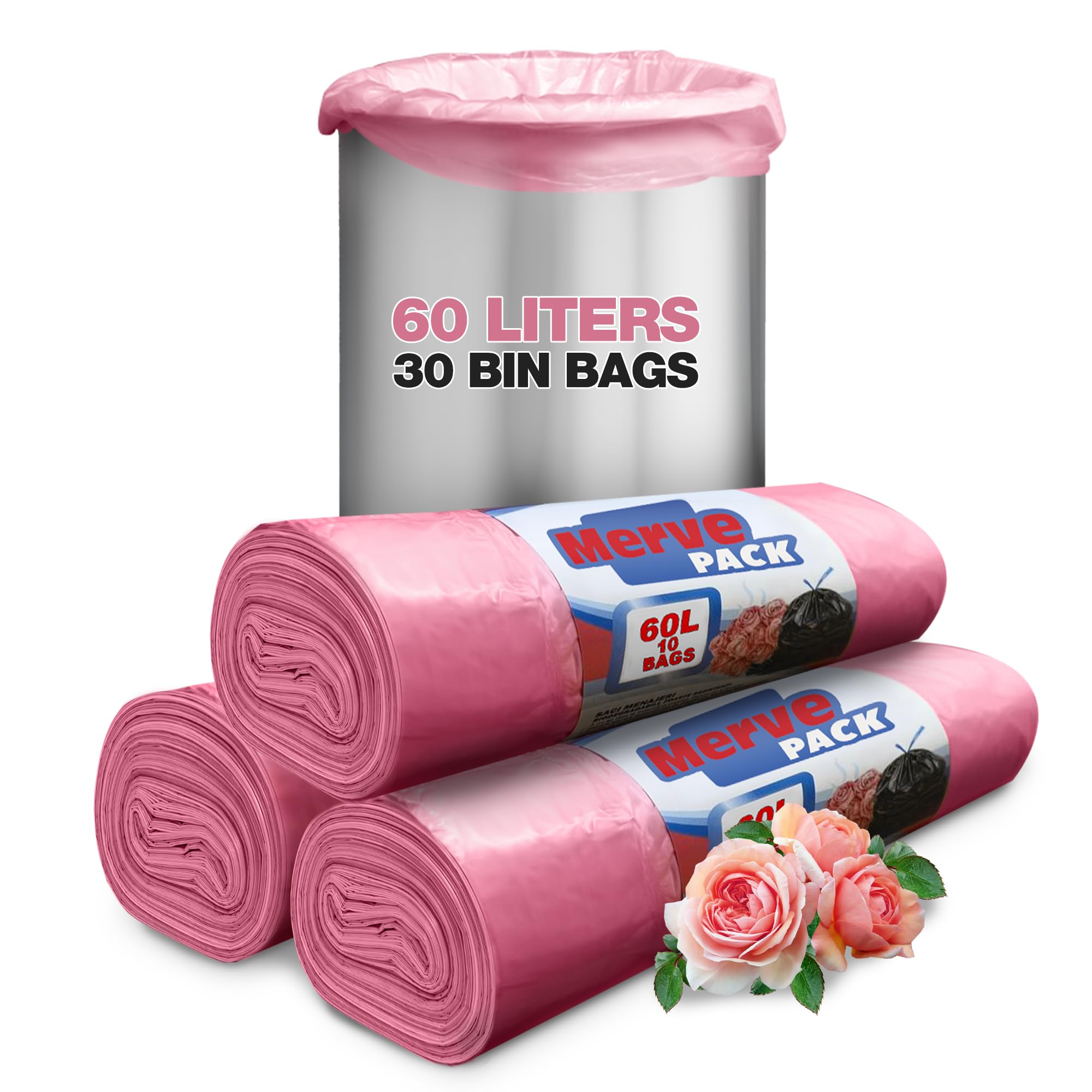 Merve Pack Rose Scent (Pink) Bin Bags 60L - Roses Scented Bin Bags (60L Count 30 Bags) Bathroom Bin Liners With Drawstring For Pedal Bin Liners, Ideal For Sanitary Disposable Bags