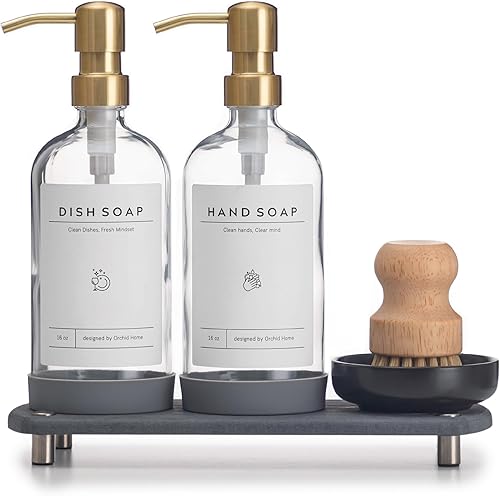 Lujo Juego de dispensador de jabón de cocina, botella de vidrio transparente de 16 onzas, bomba de acero inoxidable, bandeja de secado instantáneo,