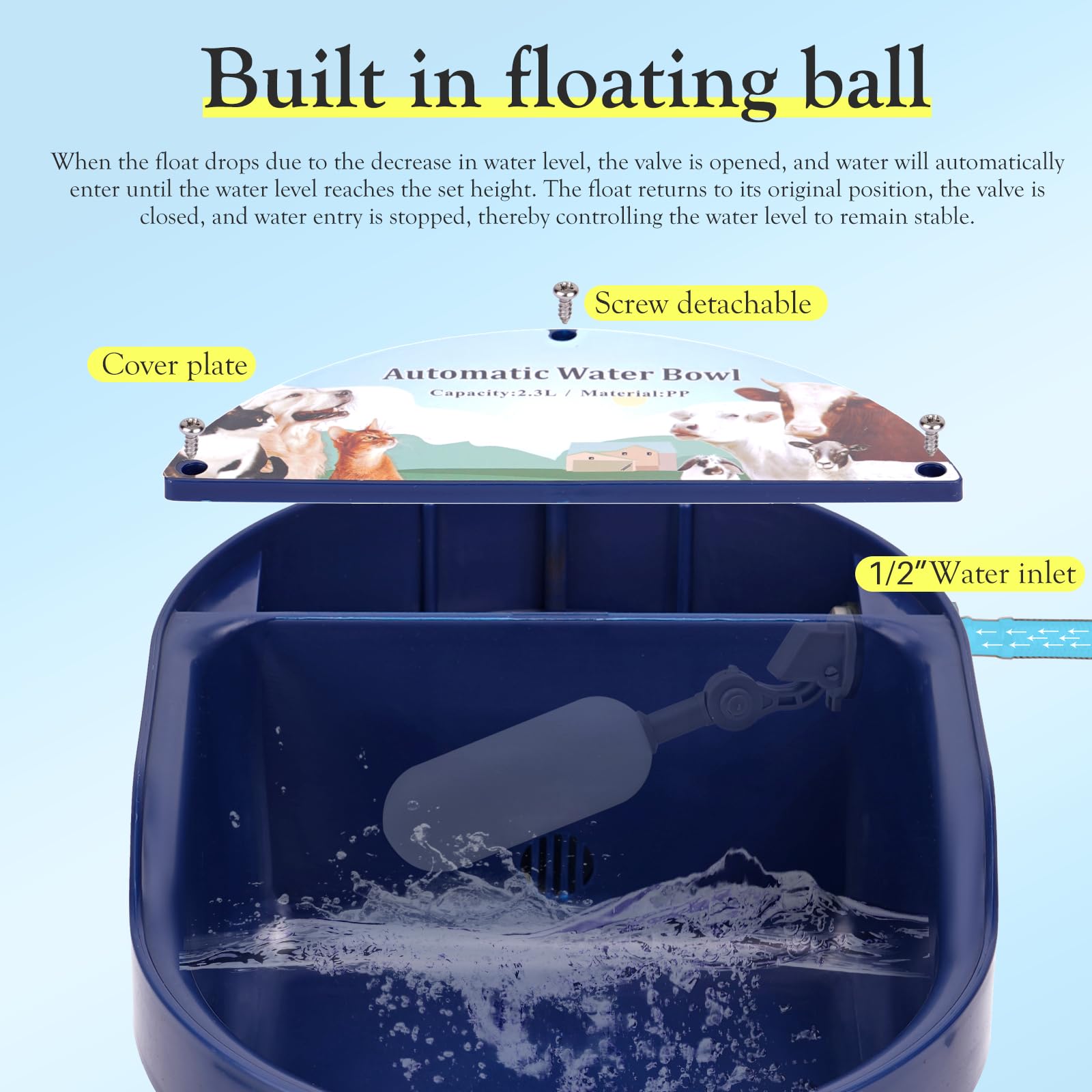 Ciotola Automatica per L'Acqua Del Bestiame con Valvola Galleggiante Regolabile In Plastica per Animali di Pecora Capra Vitello Scrofa Cane Abbeveratoio per Animali di Grandi Dimensioni (Blu)