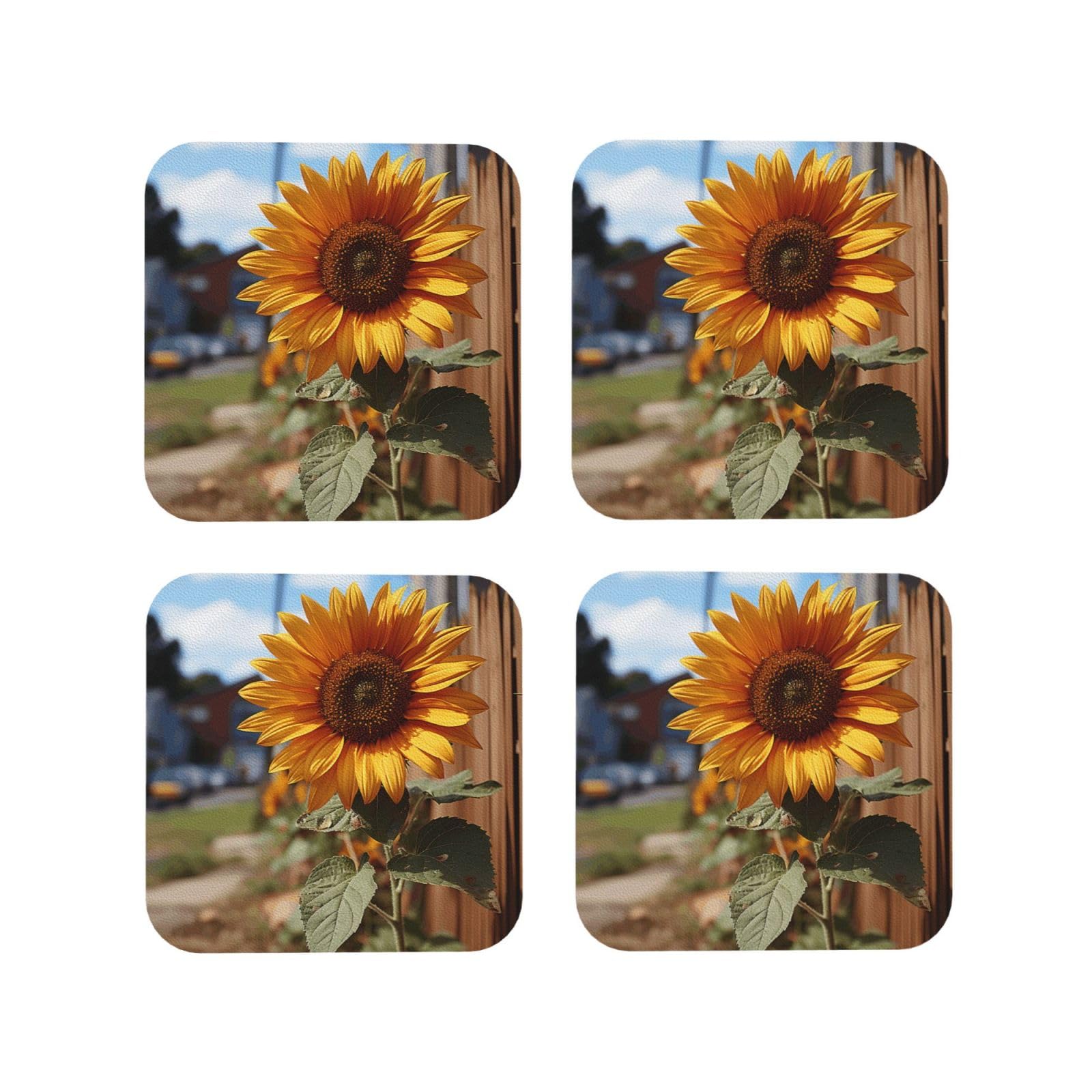 4pcs Drink Coasters for Tabletop Protection, 4" Leather Coasters for Drinks, Farm Sunflower Cup Coasters for Coffee Table Decor, Non-Slip Drinking Cup Mat for Hot Or Cold Drink