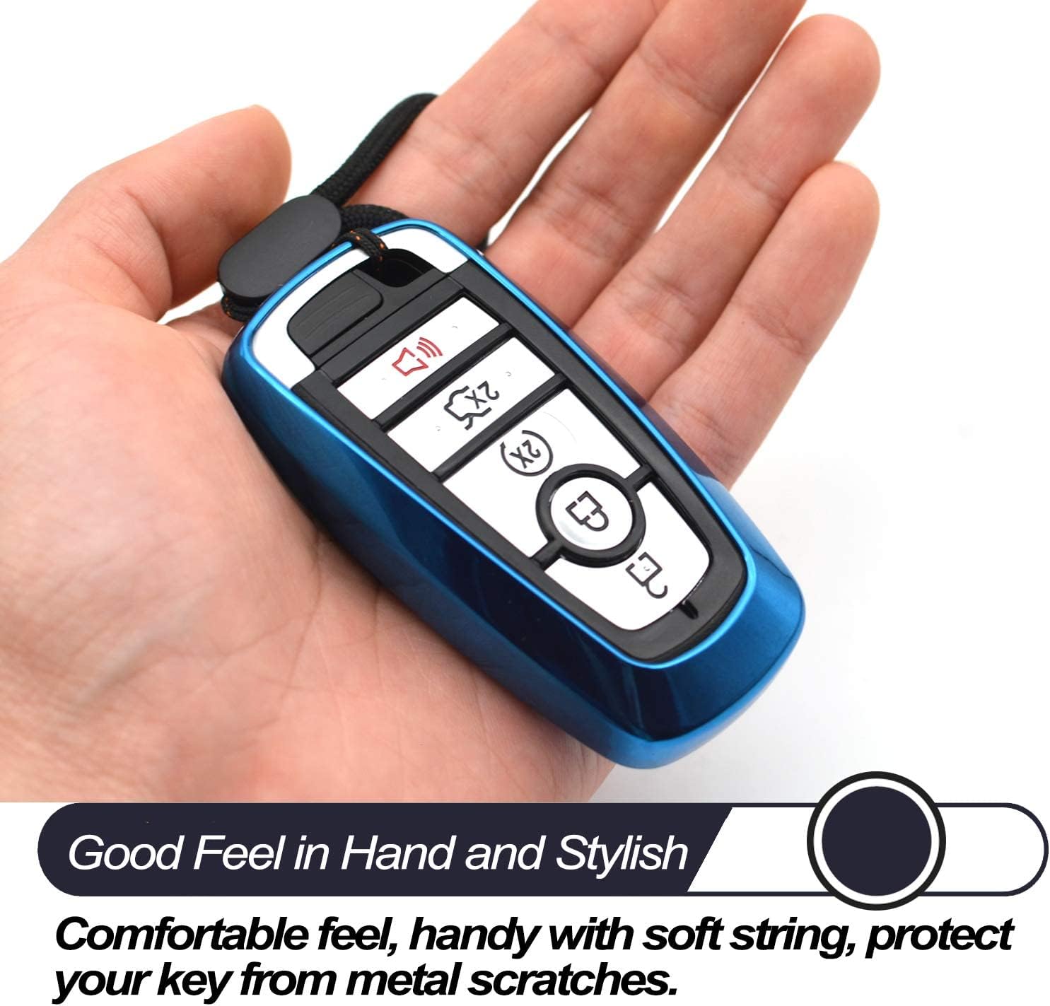 MECHCOS Metal Key Chain and Compatible with Ford Edge Escape Expedition Explorer Fusion Mustang Ranger F-150 F-250 Smart 3 4 5 Buttons Blue TPU Key Fob Cover Case Remote Holder