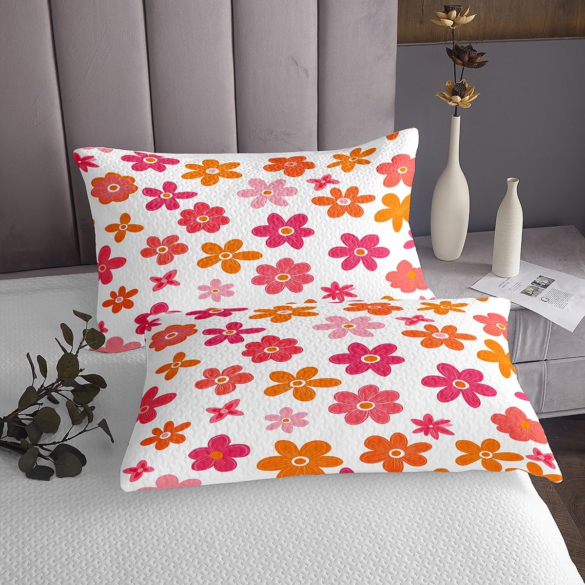 Groovy - Juego de colcha de margaritas tamaño King, diseño de flores retro, estilo desgastado, elegante, para decoración de habitación de niños y niñas, juego de edredón floral retro, colcha rosa