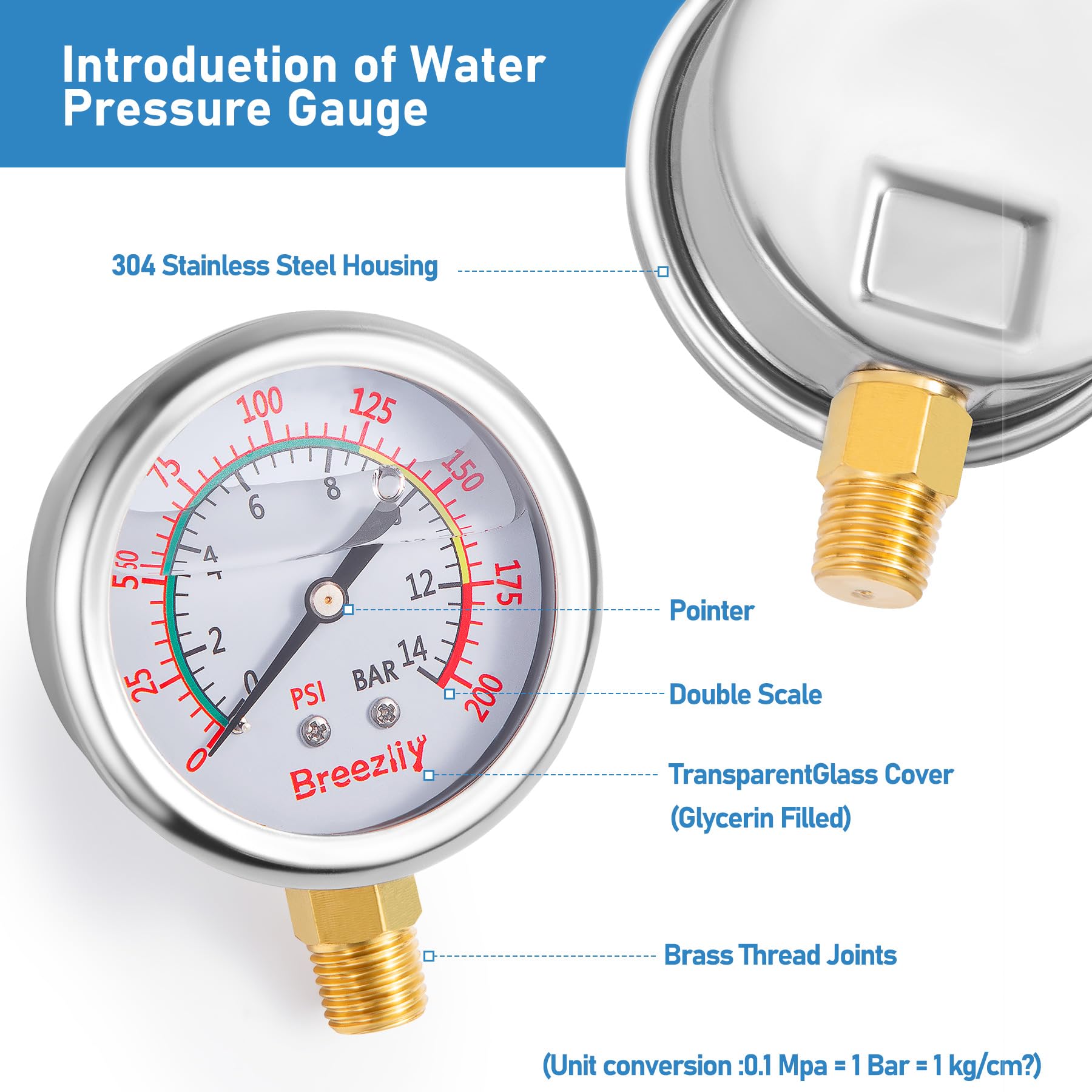 Manometro per test di pressione dell'acqua, quadrante da 2,5", 0-200 PSI/0-1,4 MPA, manometro a riempimento di glicerina, filettatura NPT da 1/4", montaggio inferiore, per test di pressione dell'acq