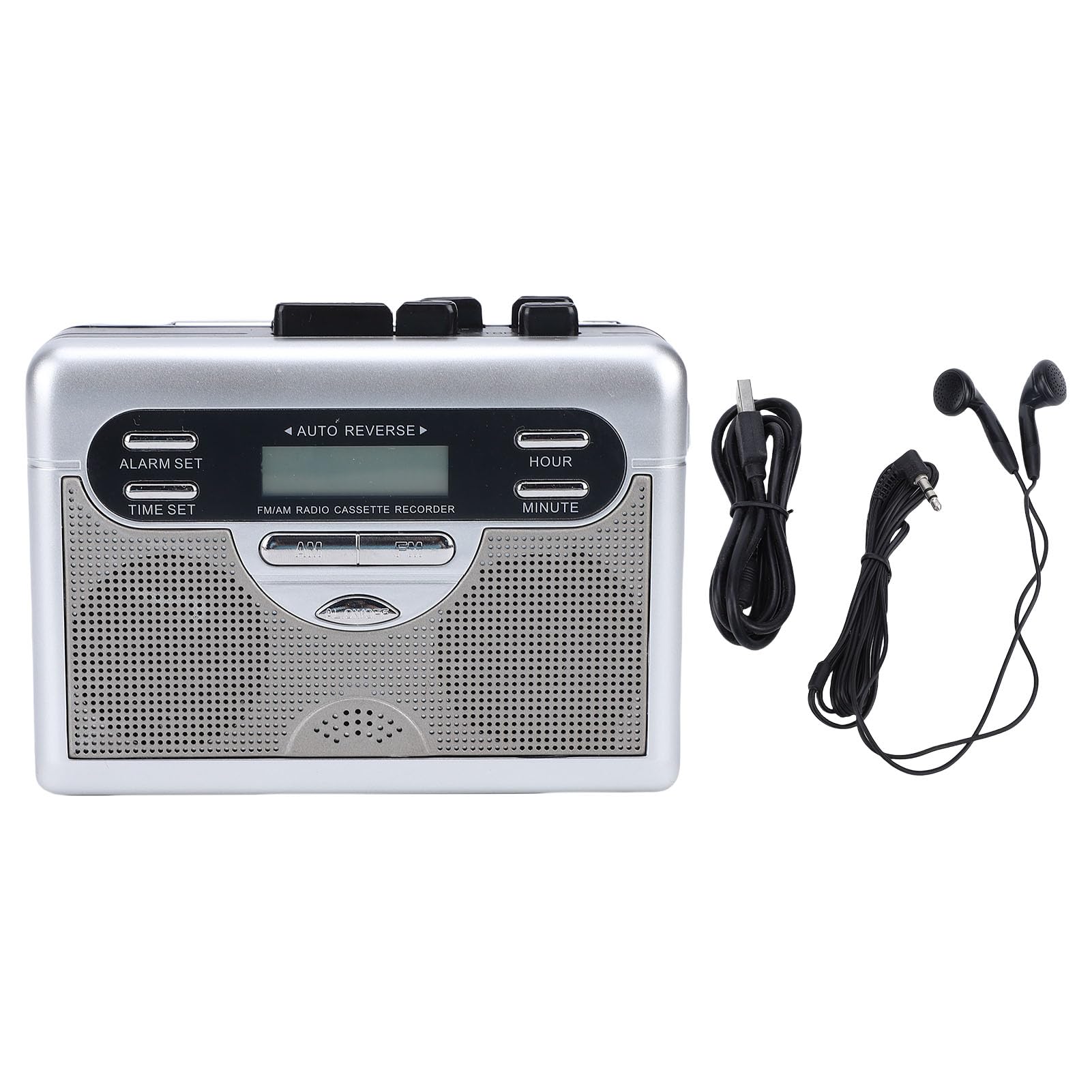 Odtwarzacz Kasetowy w Stylu Retro z funkcją Automatycznego Cofania, Przenośny Radioodtwarzacz AM/FM, Zegar Cyfrowy, Wbudowany Głośnik Stereo, Wyświetlacz LED, Gniazdo