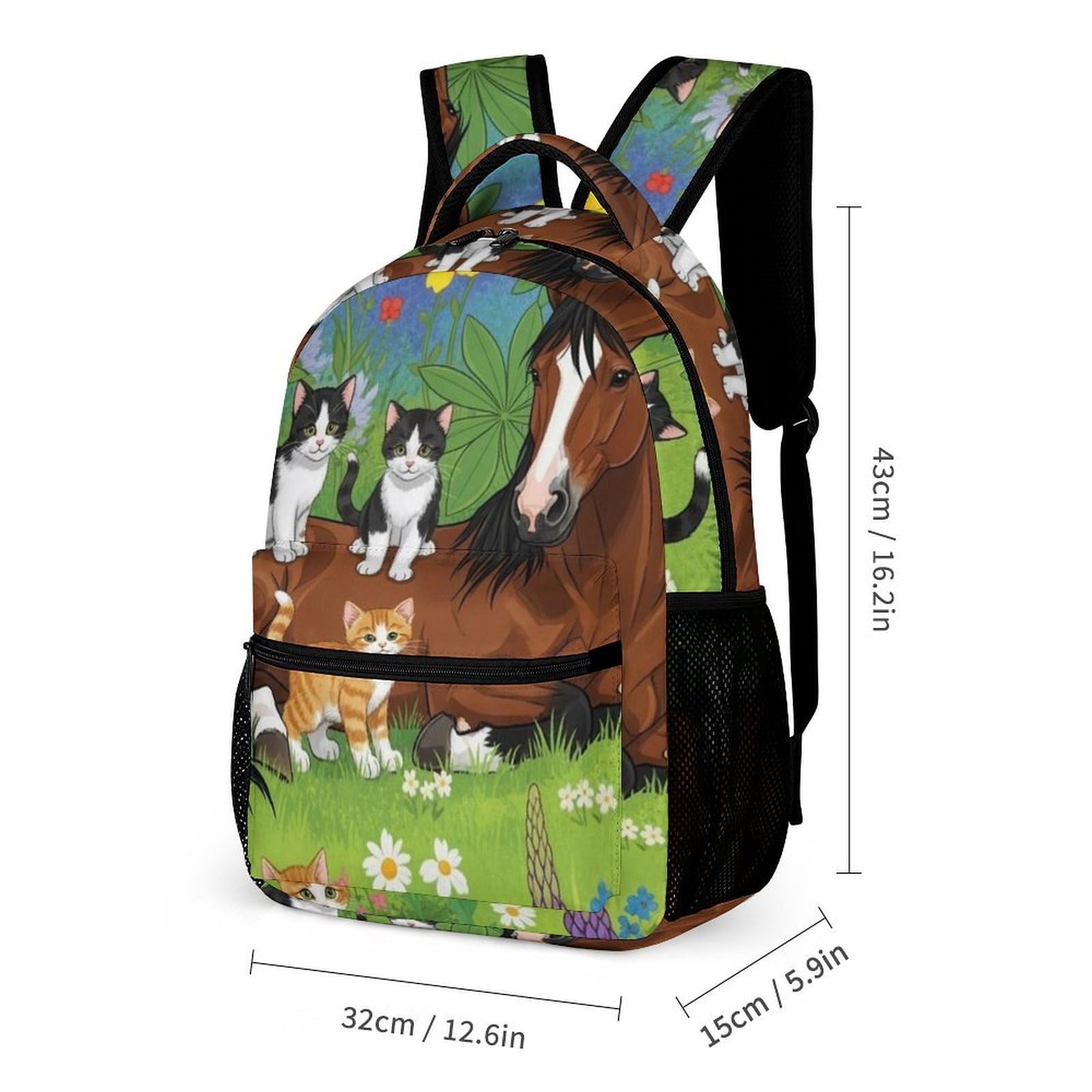 Conjunto de mochila con estampado de flores, caballo y gato, que incluye fiambrera, neceser y estuche de maquillaje.