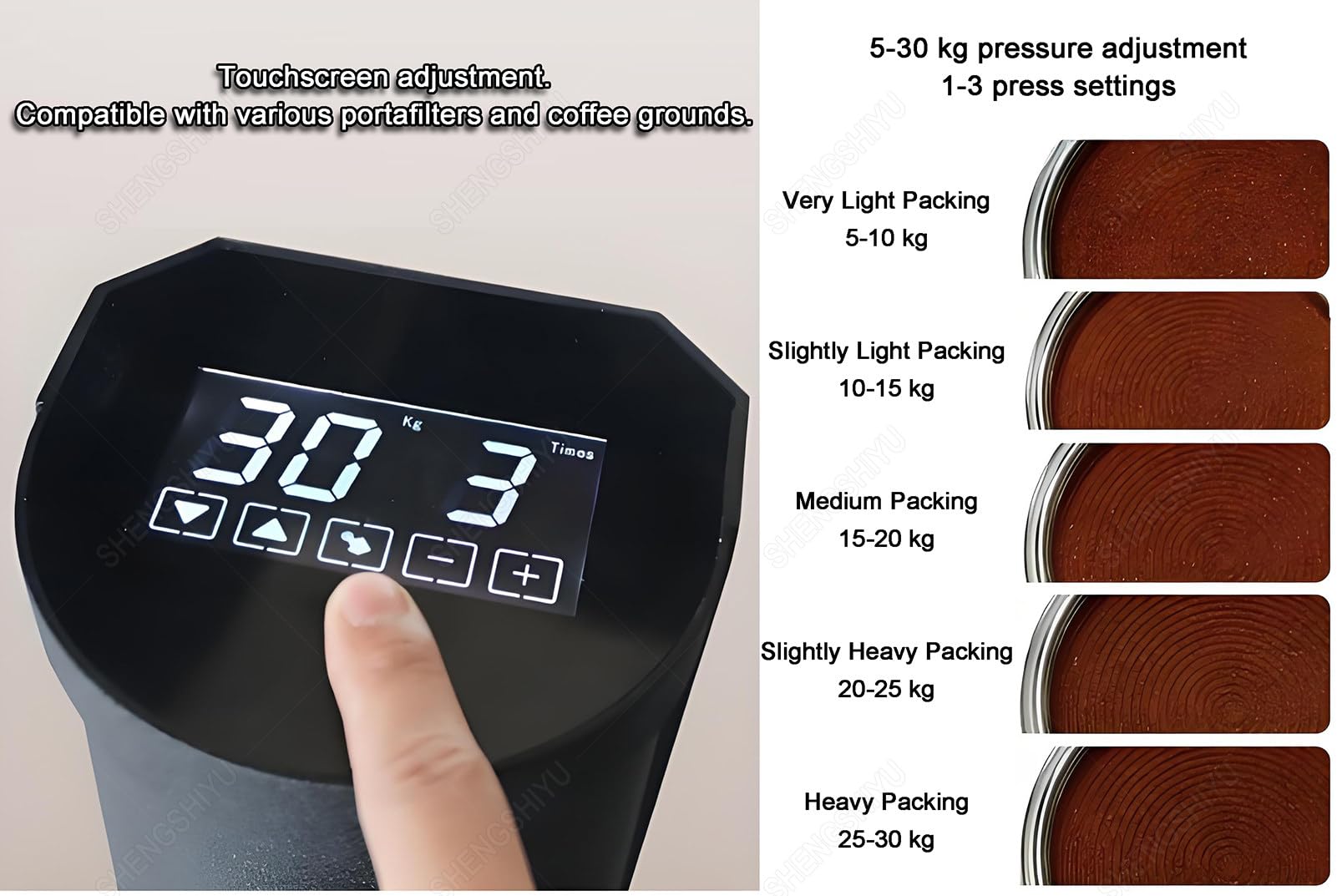 Tamper do Kawy,Ekran Dotykowy,Pasuje do Różnych Uchwytów & Kawy Mielonej,Regulacja Ciśnienia 5-30kg,1-3 Ustawienia Docisku,Ubijak do Kawy 58mm,Regulowana Wysokość Podstawy Black