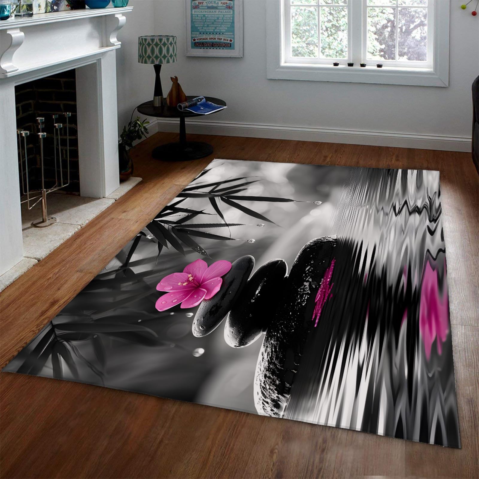Méditation Art Tapis Orchidée Zen Pierre Motif Tapis d’intérieur antidérapant pour la décoration de la Maison inspirée du Spa Salle de Bain Porte Gris 160x200cm
