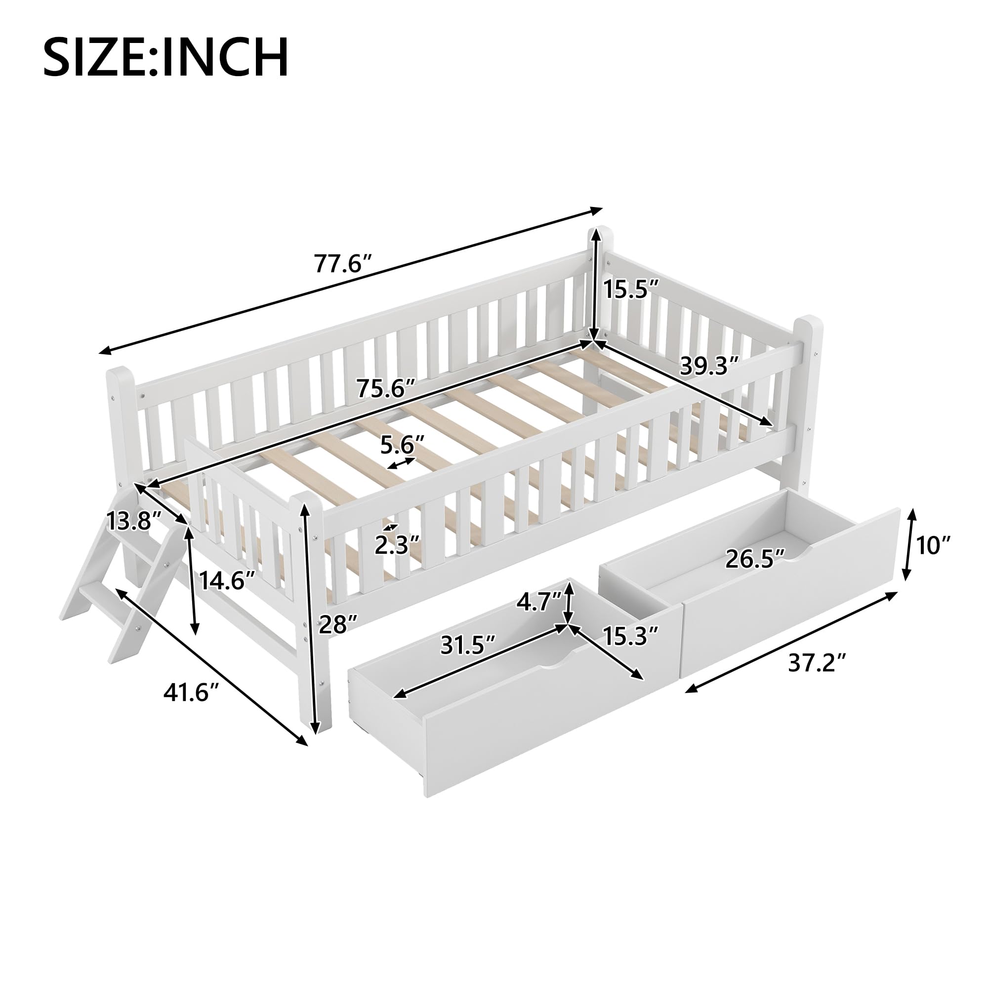 BEDGJH Twin Size Platform Bed with Guardrail and 2 Drawers, Wood Bed Frame for Bedroom, Guestroom, No Box Spring Needed (White, Twin)